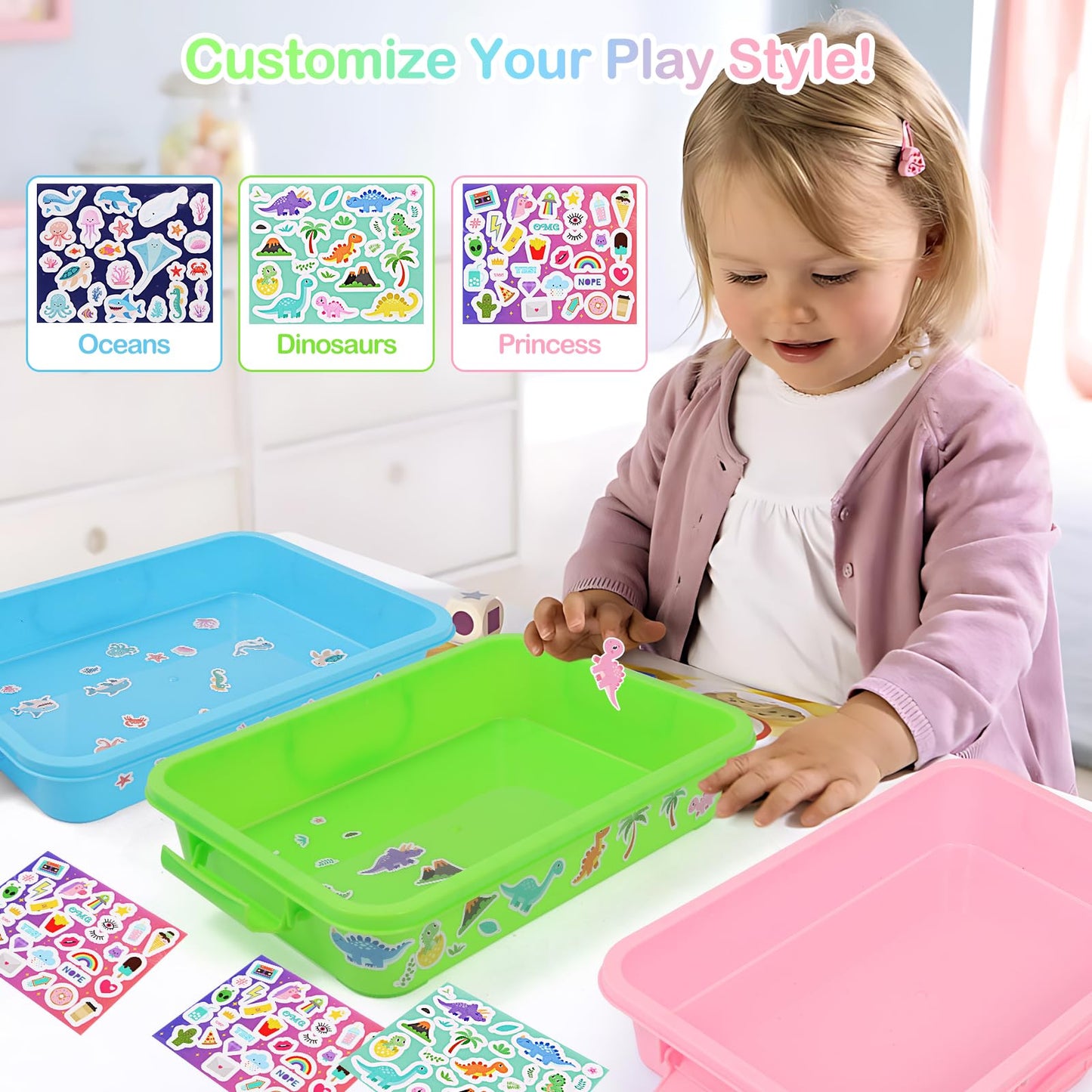 FIIOEOY 3 Pcs Sensory Bin Set with Lids, Stickers & Stackable Storage — Portable Sandbox Toy (Blue/Green/Pink)
