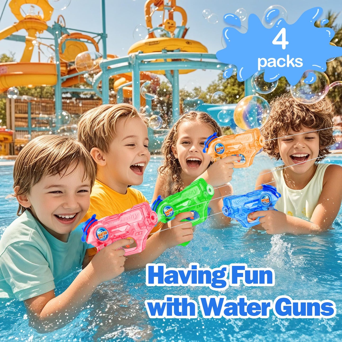 Fikamd Mini Water Guns 4-Pack — Safe, Long-Range 20–23ft Blasters for Kids