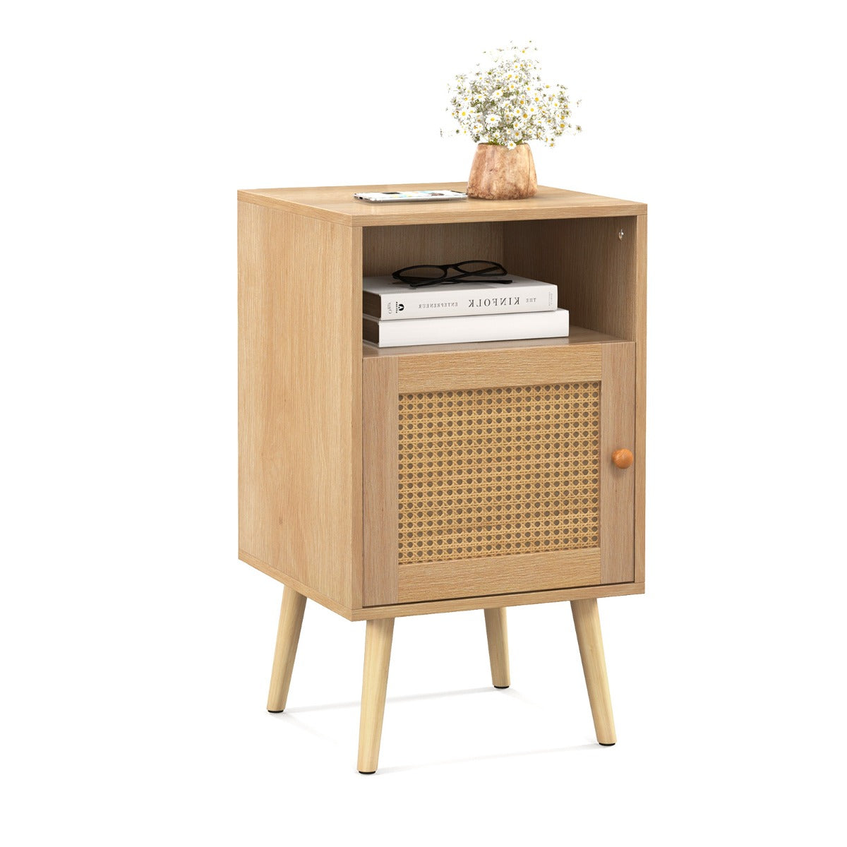 Rattan Nightstand with Storage and PE Rattan Decorated Door-White-1 Pack