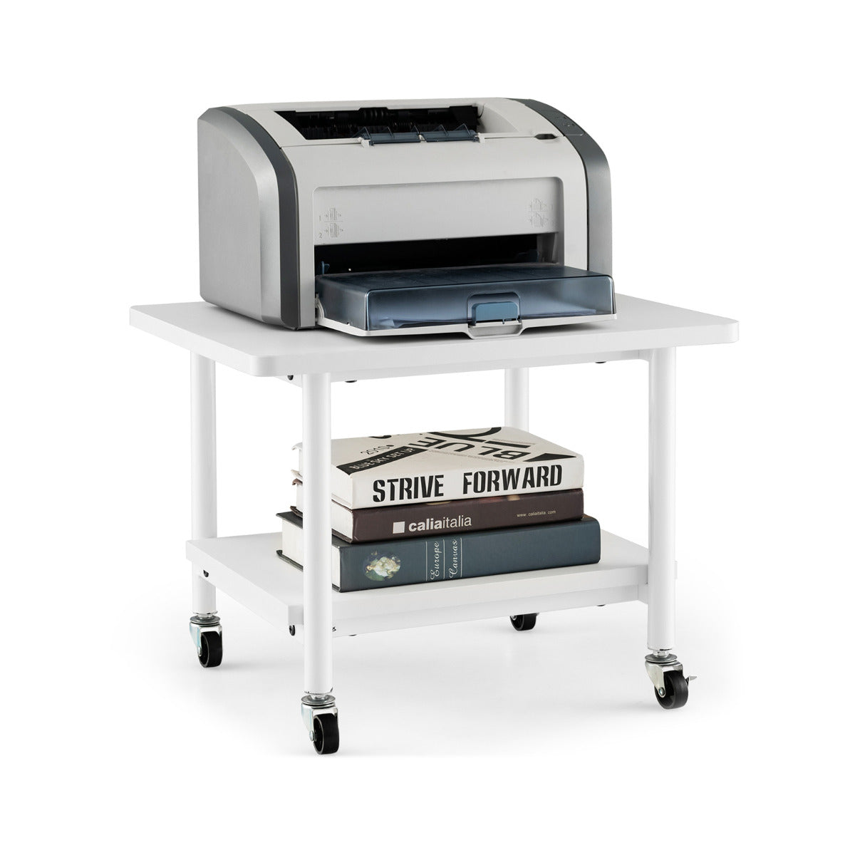 2 Tier Wooden Printer Stand with 360° Swivel Casters-White
