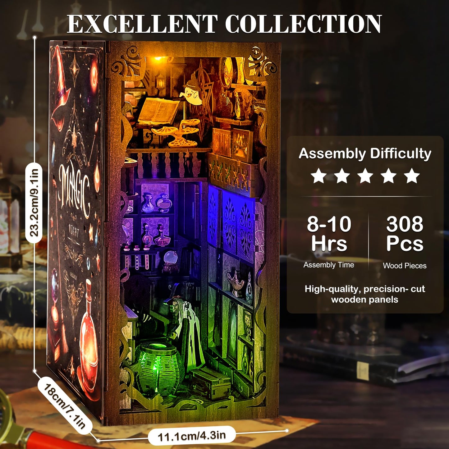 Fimeetoy Book Nook Kit – LED Witch House for Adults & Teens | DIY Miniature Shelf Decor