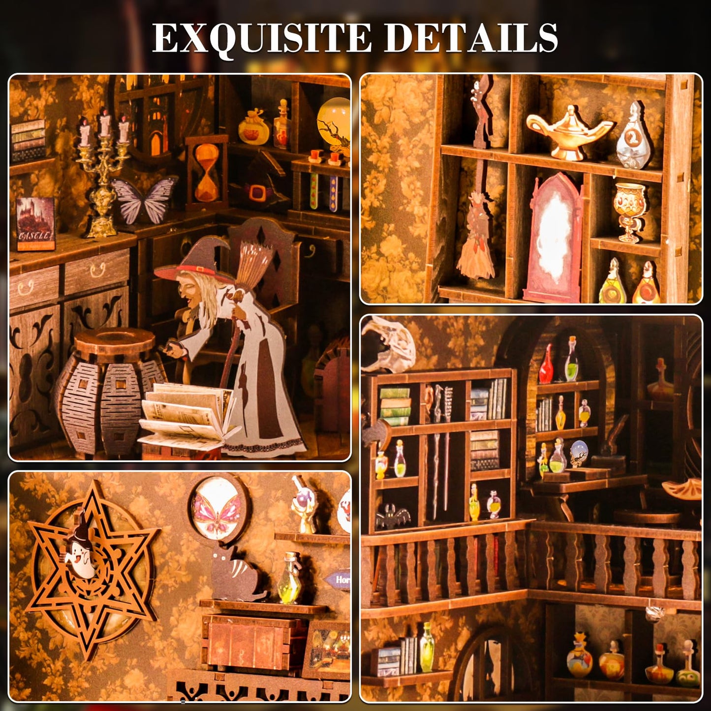Fimeetoy Book Nook Kit – LED Witch House for Adults & Teens | DIY Miniature Shelf Decor