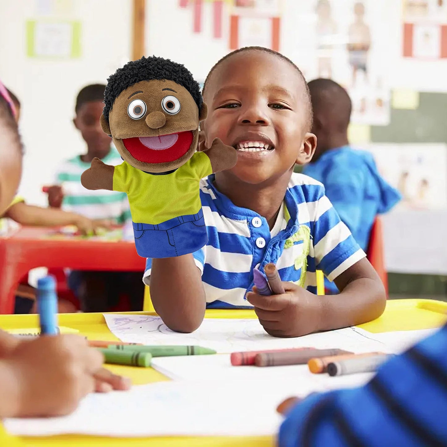 FIMIGID Family Hand Puppets — Multicultural 11.8-Inch Plush Puppets with Movable Mouth (African Style)
