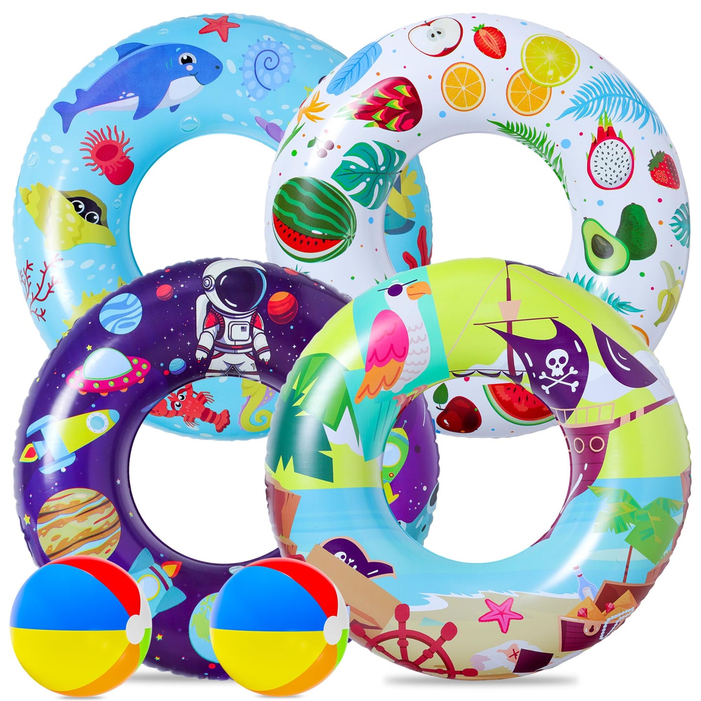 FindUWill 4 Pack Pool Floats + 2 Beach Balls | Inflatable Pool Toys