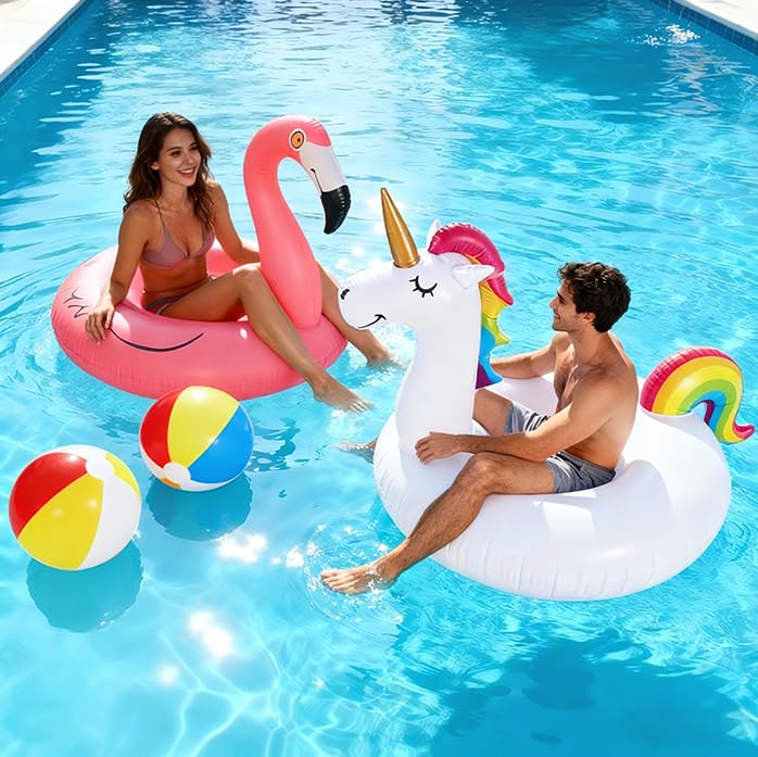 FindUWill 2 Pack Pool Floats – 57in Unicorn & 46in Flamingo + 2 Beach Balls