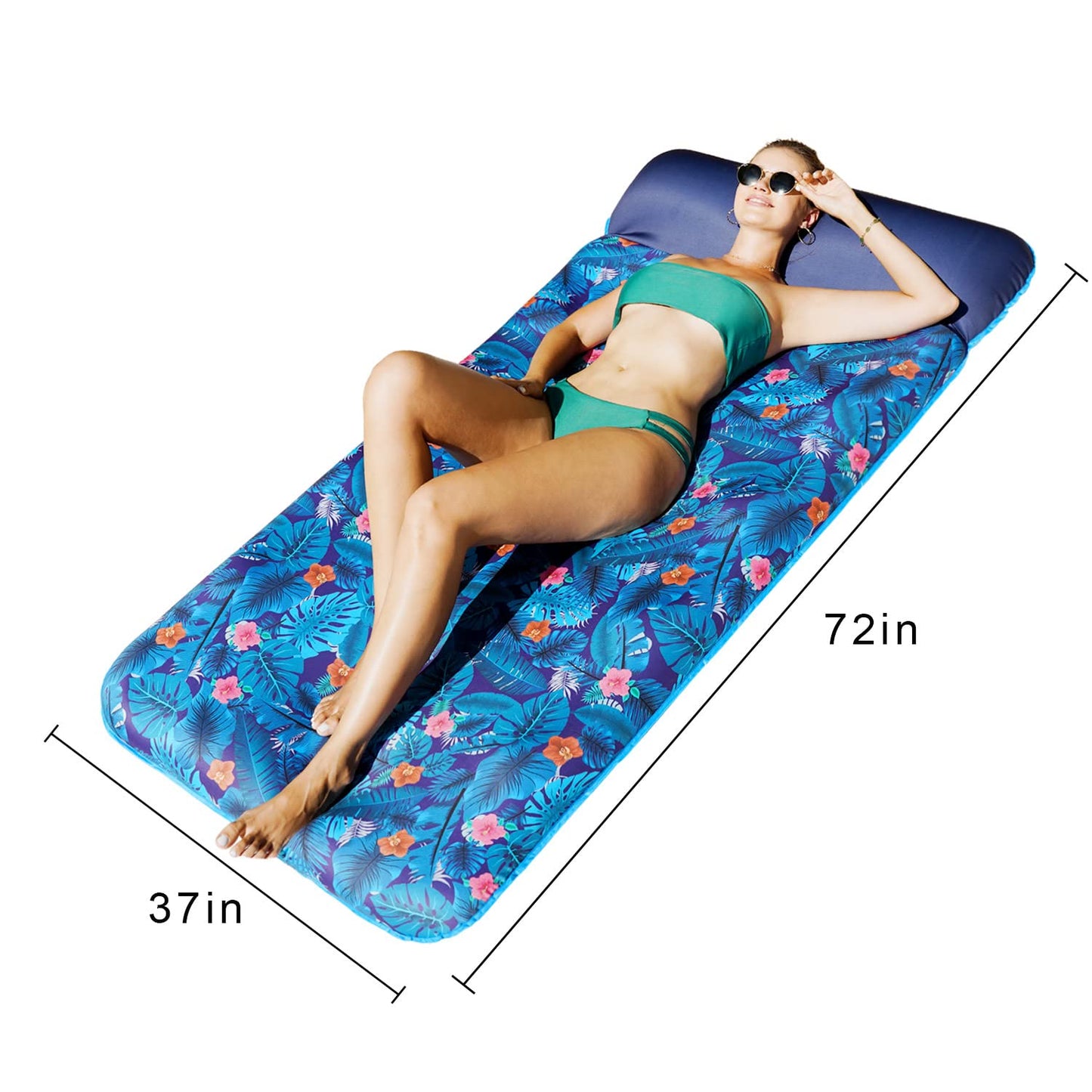 FindUWill Oversized Pool Float for Adults – 72 x 37 in XL Fabric-Covered Lounger with Headrest (Monstera Blue)