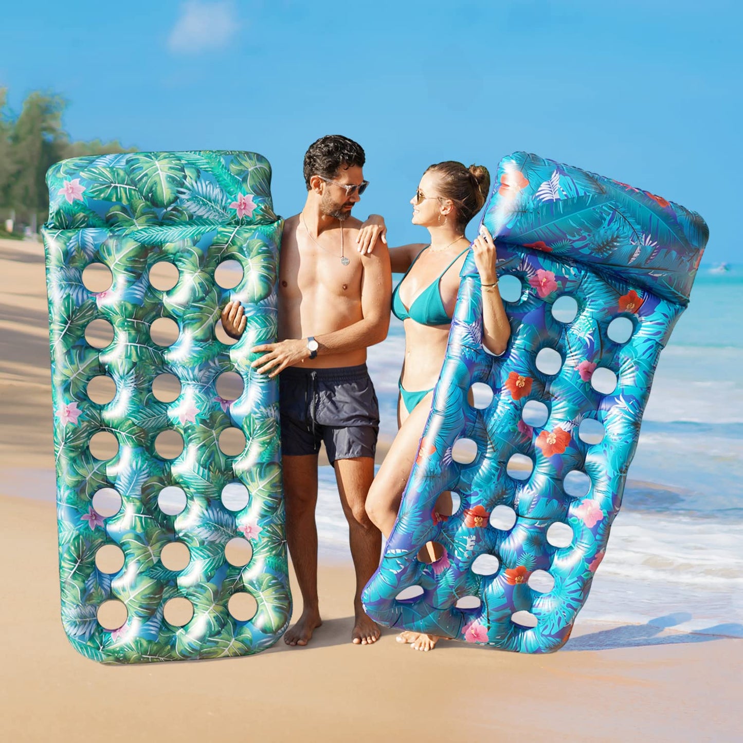 FindUWill Inflatable Pool Floats 2 Pack – XL Monstera Green & Blue