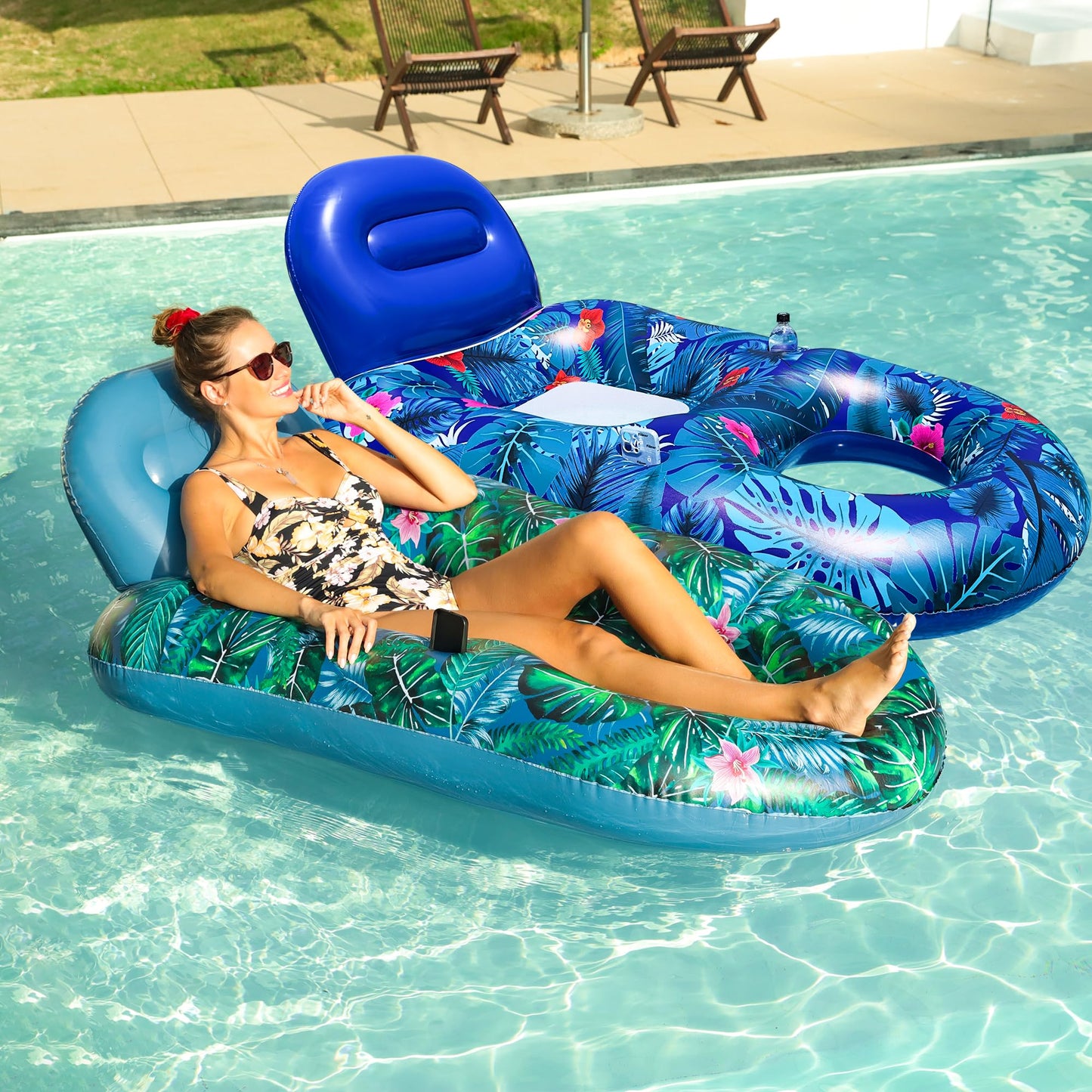 FindUWill Pool Float Chairs – 2 Pack, Large 65x42 Inch Inflatable Loungers with Cup Holder and Phone Holder