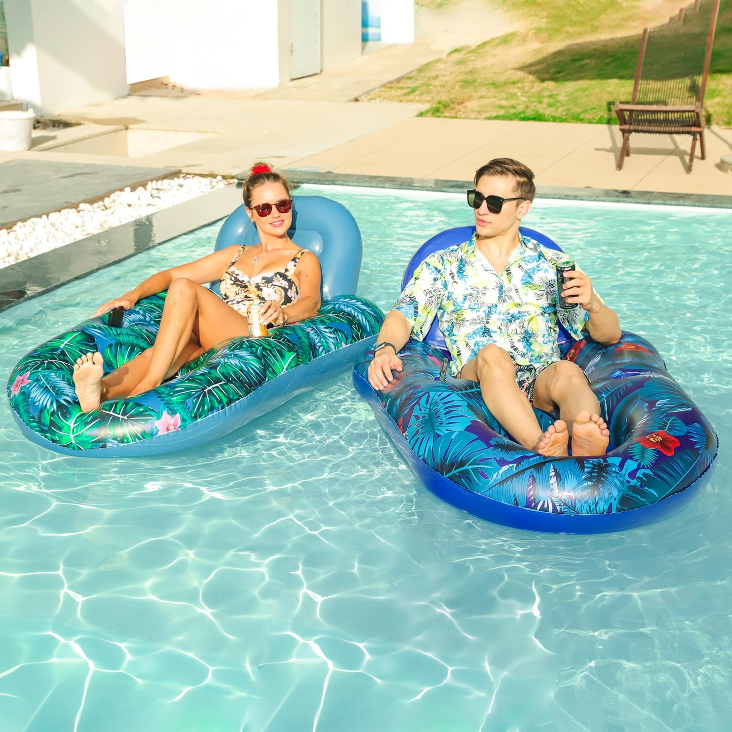 FindUWill Pool Float Chairs – 2 Pack, Large 65x42 Inch Inflatable Loungers with Cup Holder and Phone Holder