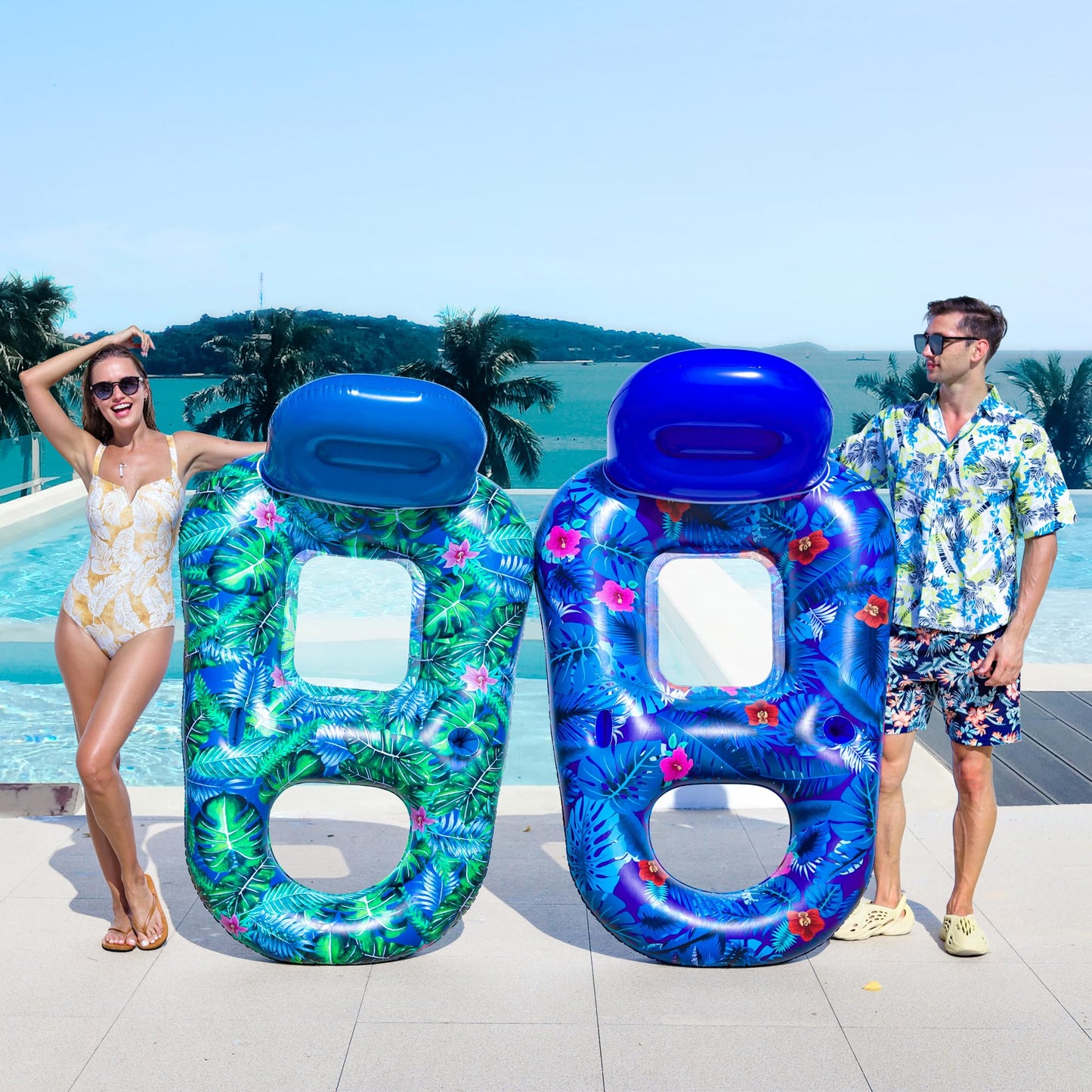 FindUWill Pool Float Chairs – 2 Pack, Large 65x42 Inch Inflatable Loungers with Cup Holder and Phone Holder