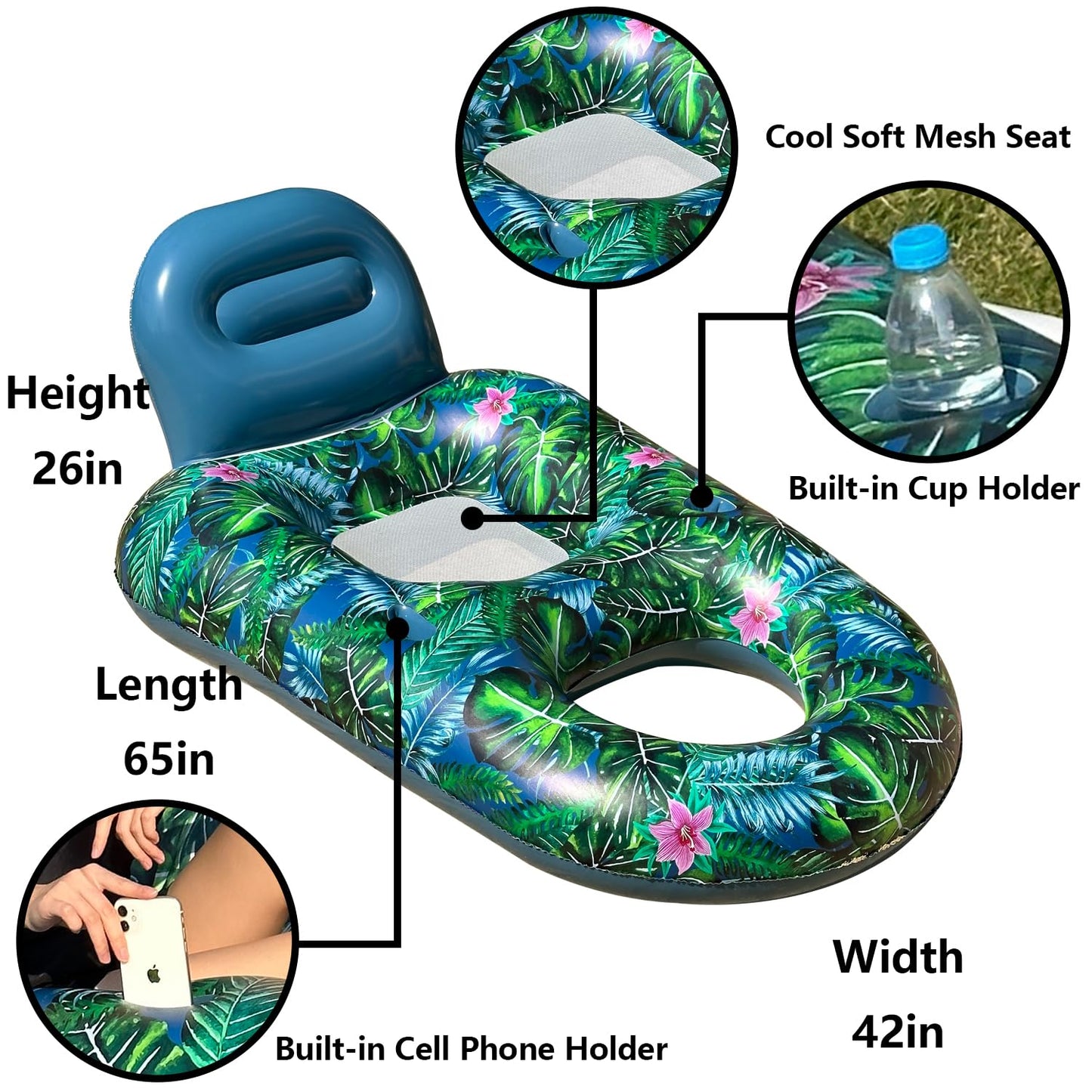 FindUWill Pool Float Chairs – 2 Pack, Large 65x42 Inch Inflatable Loungers with Cup Holder and Phone Holder