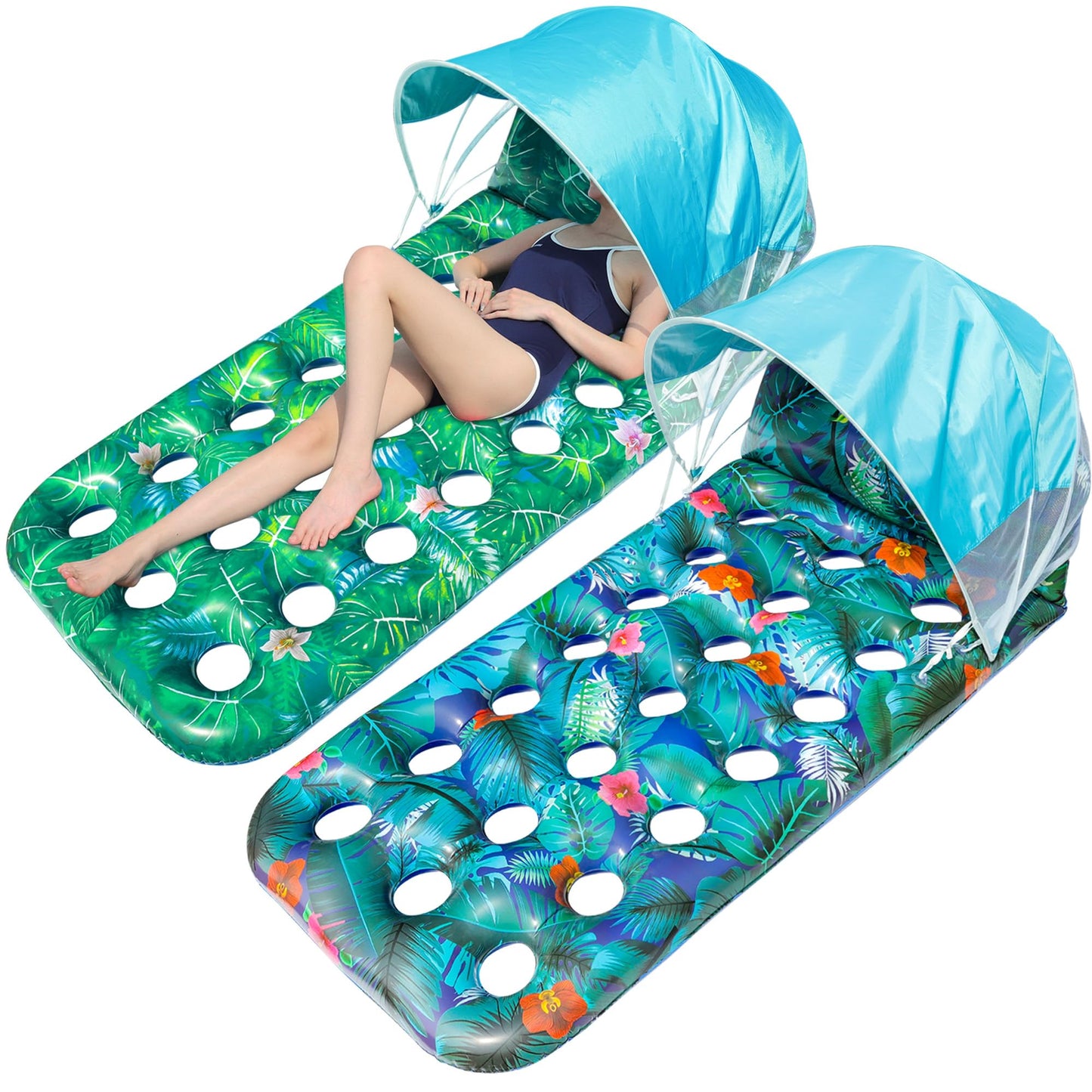 FindUWill Pool Floats with Canopy - 2 Pack Large Loungers with Shade & Headrest