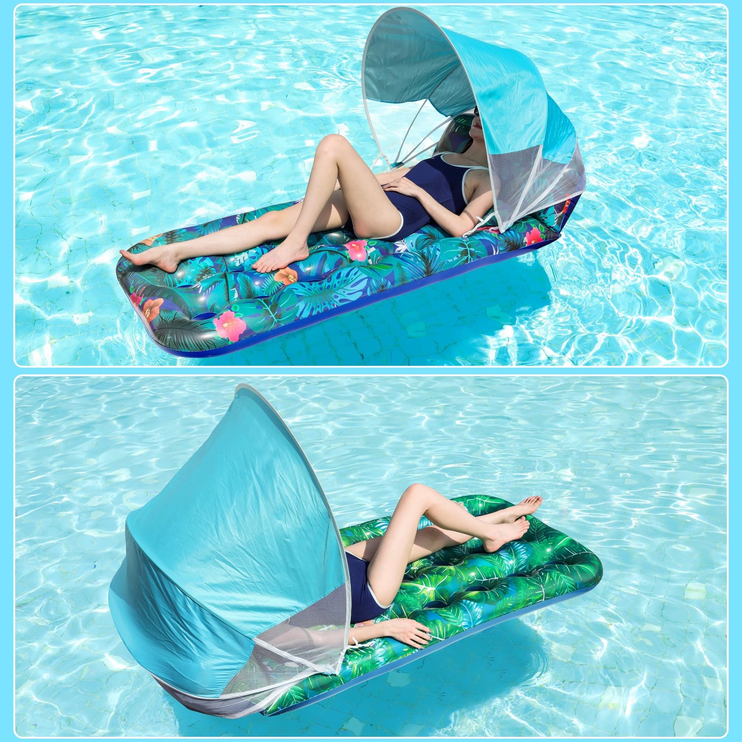 FindUWill Pool Floats with Canopy - 2 Pack Large Loungers with Shade & Headrest