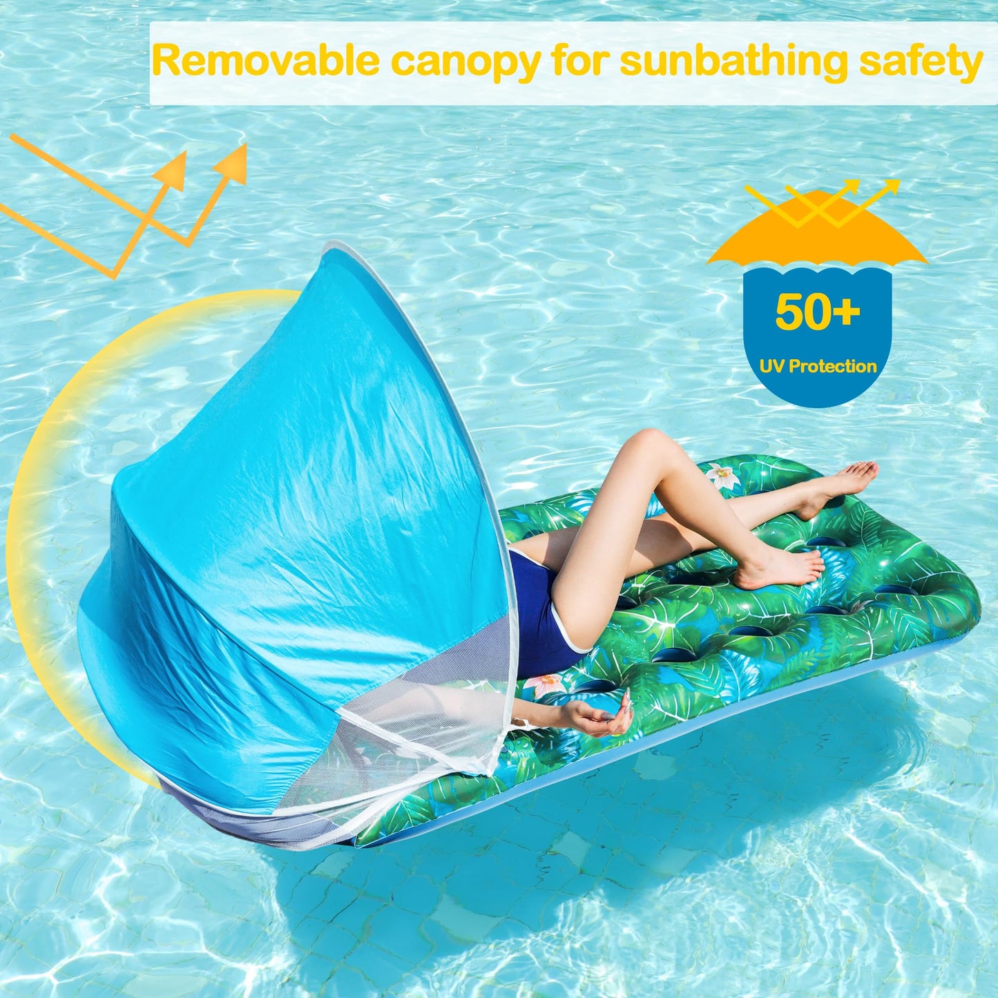 FindUWill Pool Floats with Canopy - 2 Pack Large Loungers with Shade & Headrest