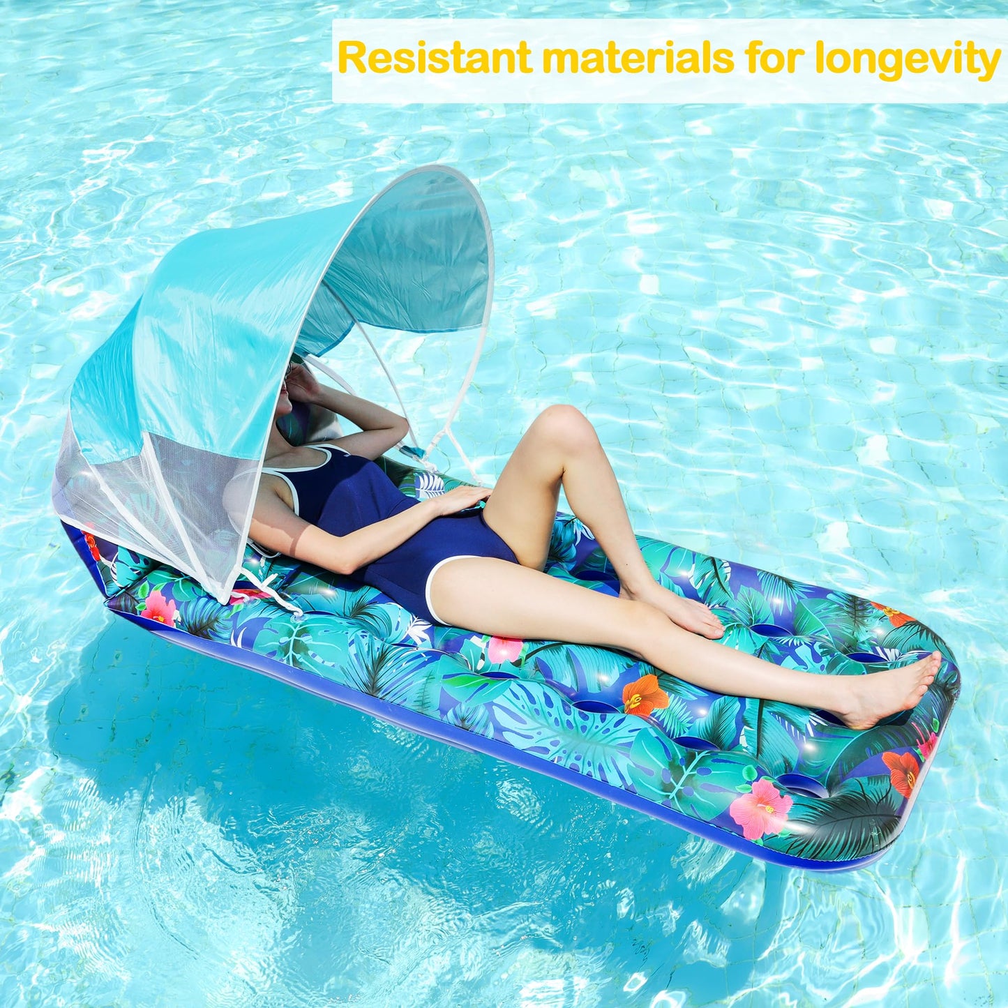 FindUWill Pool Floats with Canopy - 2 Pack Large Loungers with Shade & Headrest