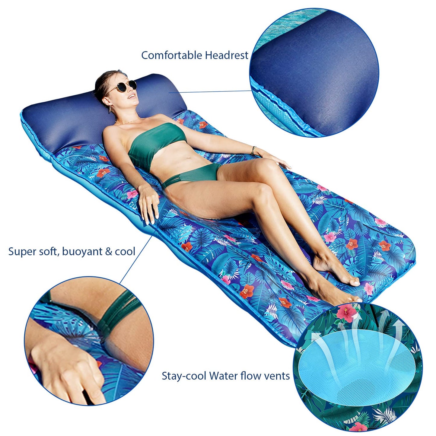 FindUWill Oversized Pool Float for Adults – 72 x 37 in XL Fabric-Covered Lounger with Headrest (Monstera Blue)