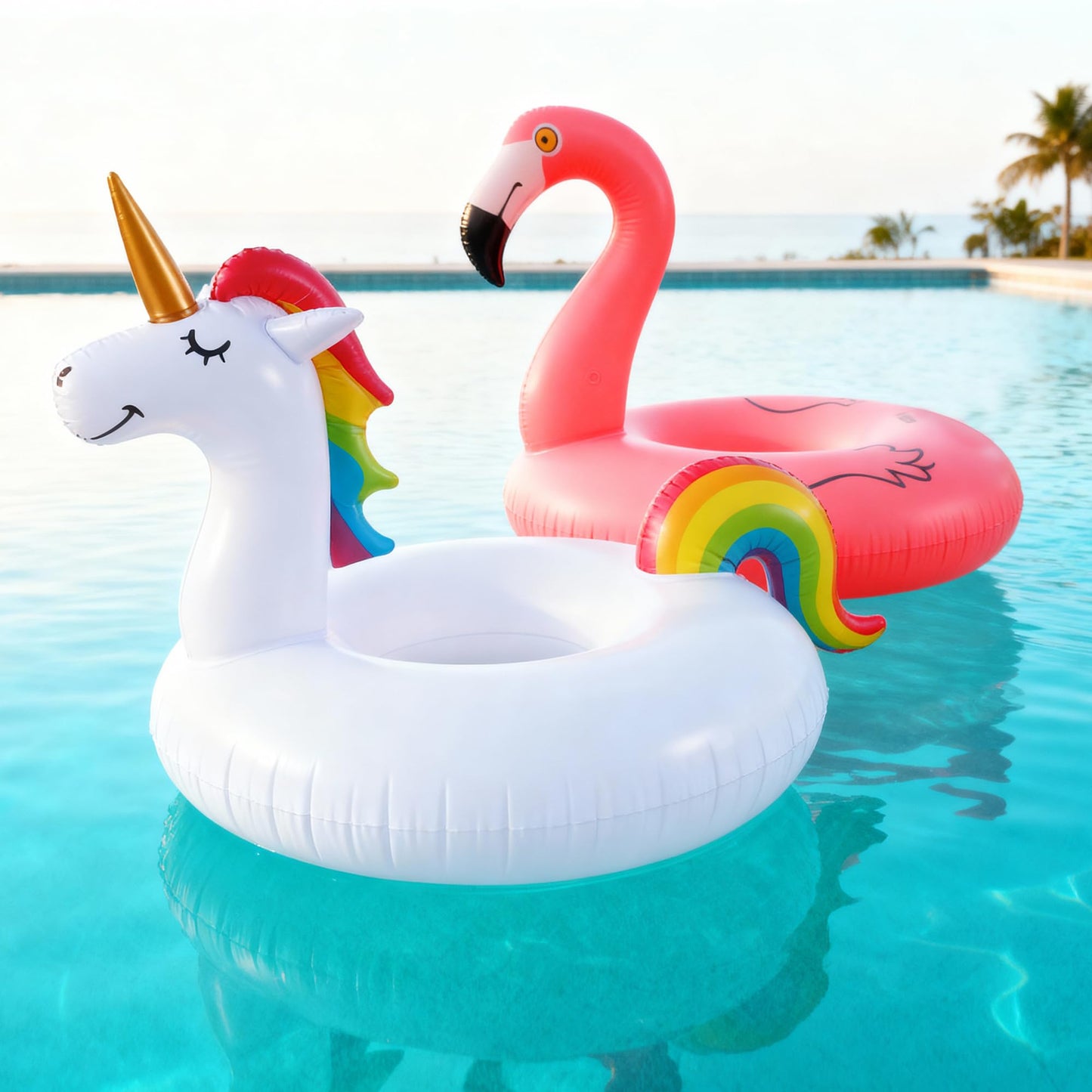 FindUWill 2 Pack Pool Floats – 57in Unicorn & 46in Flamingo + 2 Beach Balls