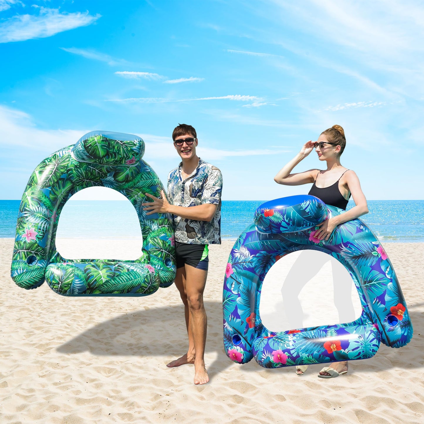 FindUWill 2 Pack Large Pool Chair Floats – Inflatable Pool Floats with Cup Holder & Headrest