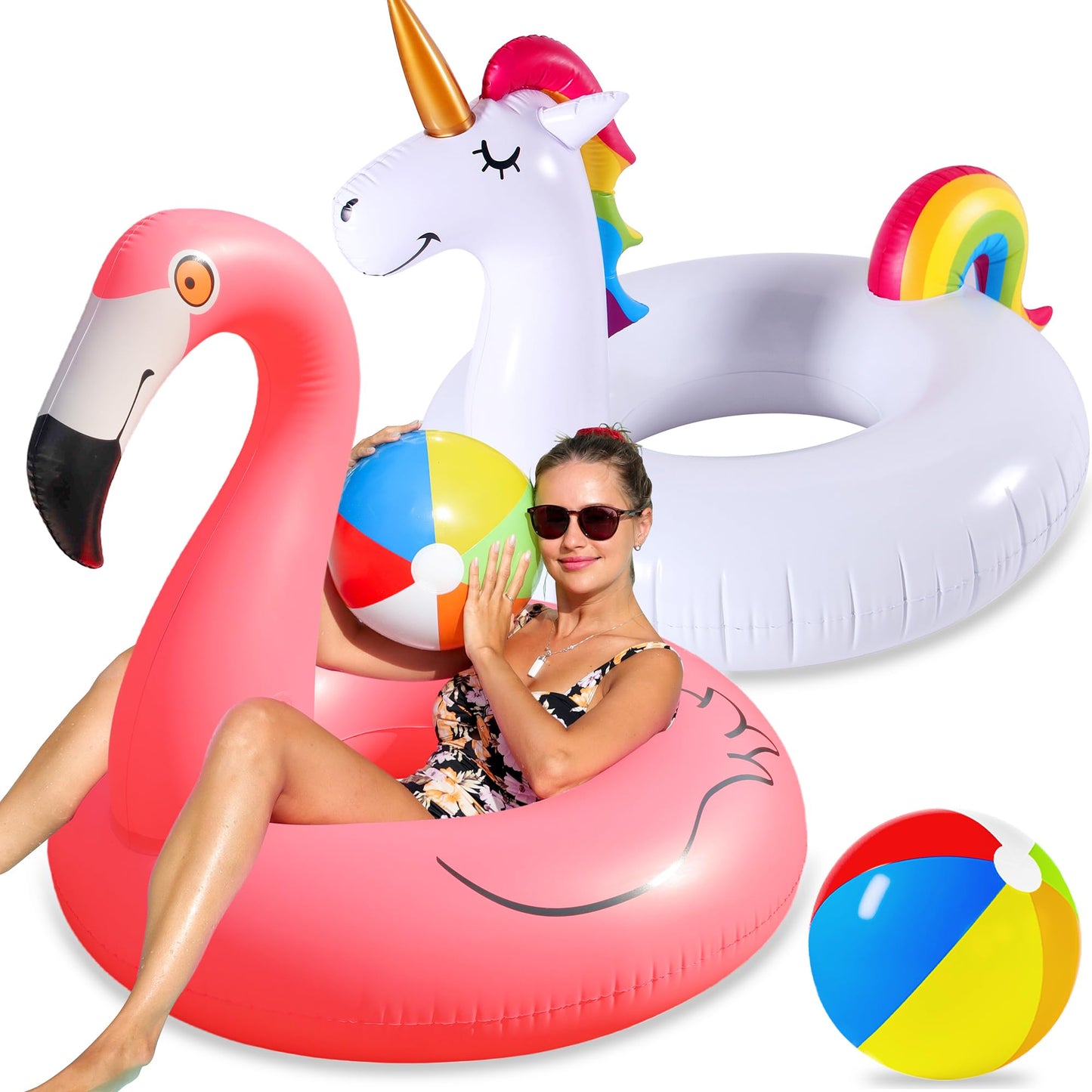 FindUWill 2 Pack Pool Floats – 57in Unicorn & 46in Flamingo + 2 Beach Balls