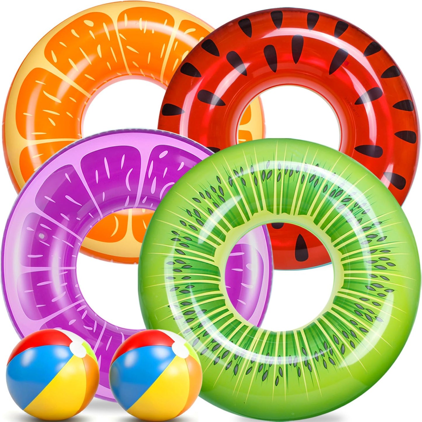 FindUWill 6 Pack Pool Floats: Fruit Tubes & 2 Beach Balls for Kids and Adults