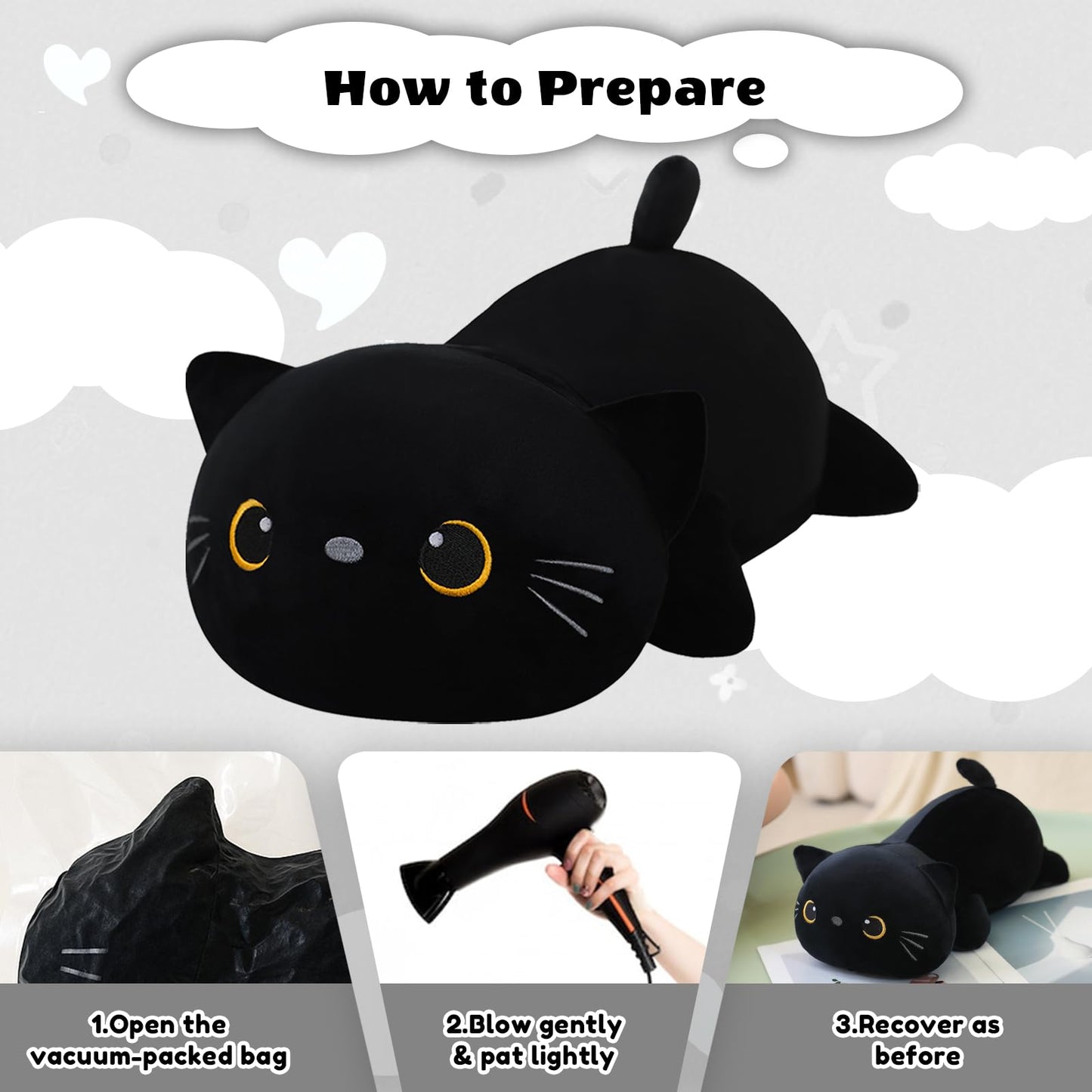 Finebee Weighted Black Cat Plush — Soft, Cuddly 13.8-Inch Weighted Plush Pillow