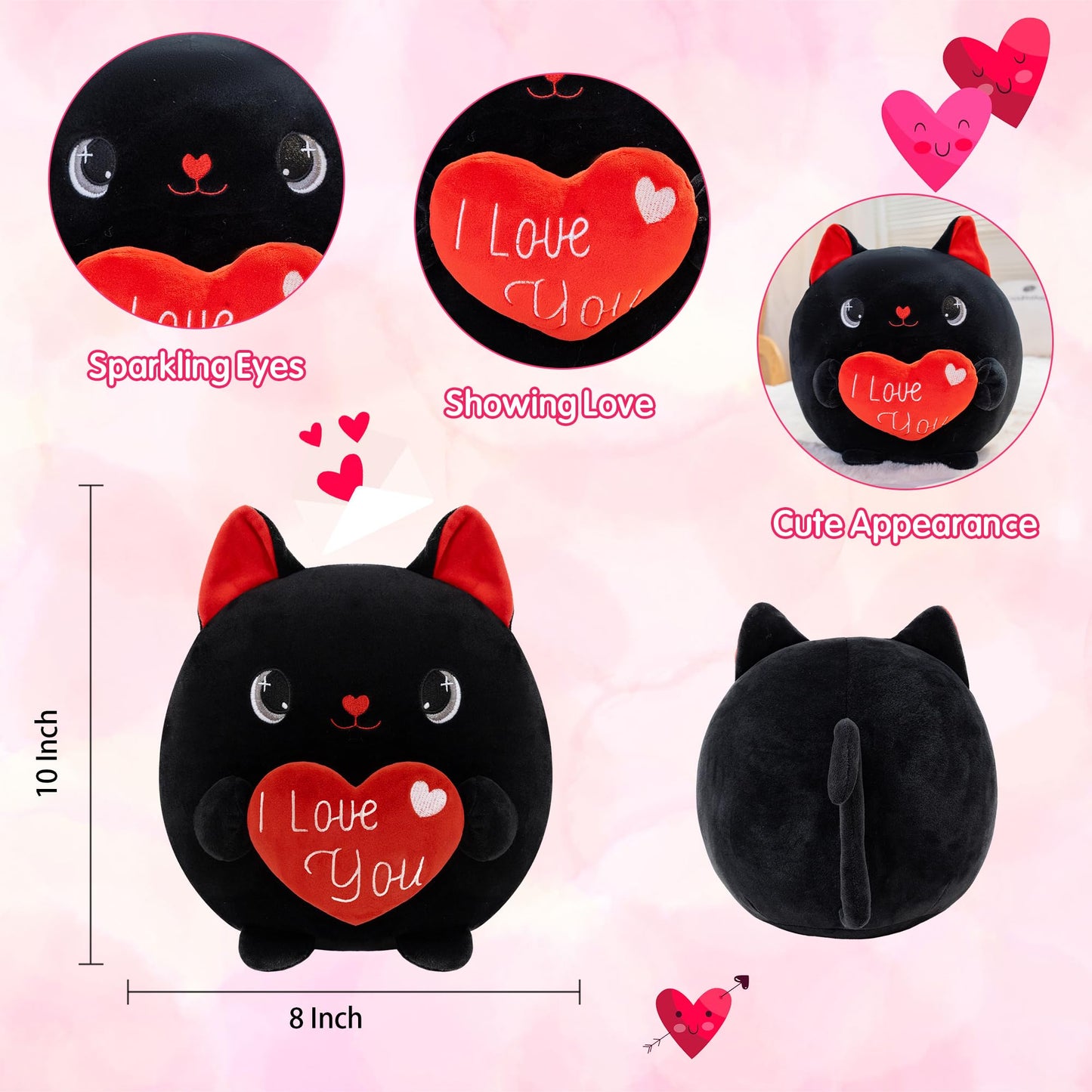 Finebee Black Cat Plush with Heart – I Love You Valentine Gift, 10-Inch