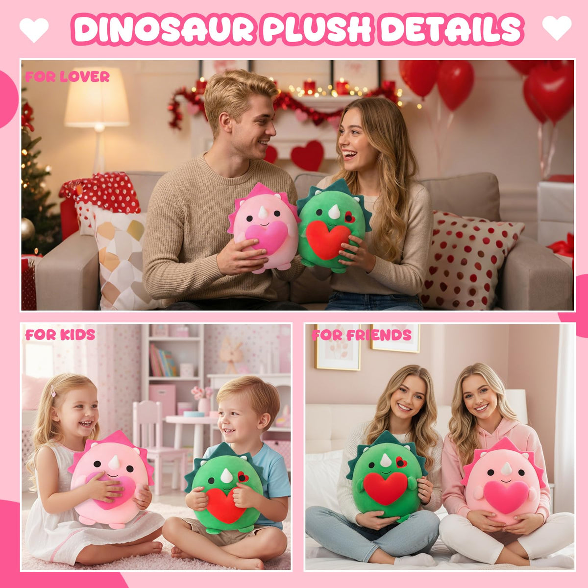 Finebee Pink Triceratops Valentine’s Day Plush – 10 Inch Dinosaur Stuffed Animal