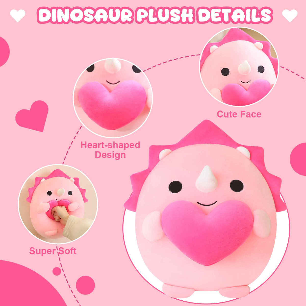 Finebee Pink Triceratops Valentine’s Day Plush – 10 Inch Dinosaur Stuffed Animal