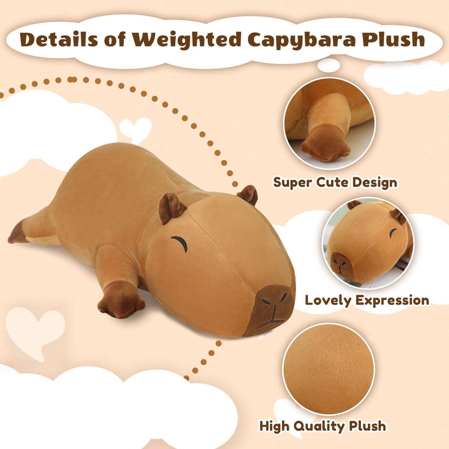 Finebee Weighted Capybara Plush - 60 cm (23.6 in) Soft Weighted Stuffed Animal Pillow
