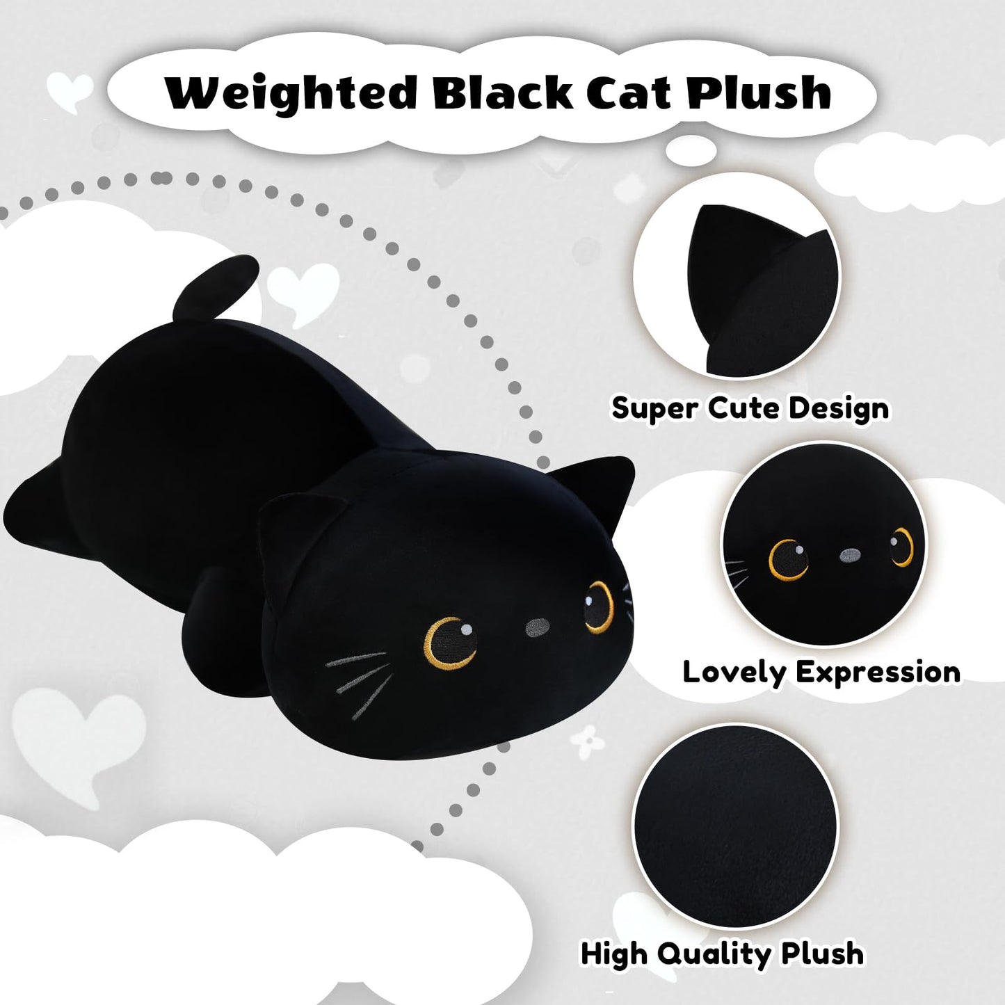 Finebee Weighted Black Cat Plush — Soft, Cuddly 13.8-Inch Weighted Plush Pillow