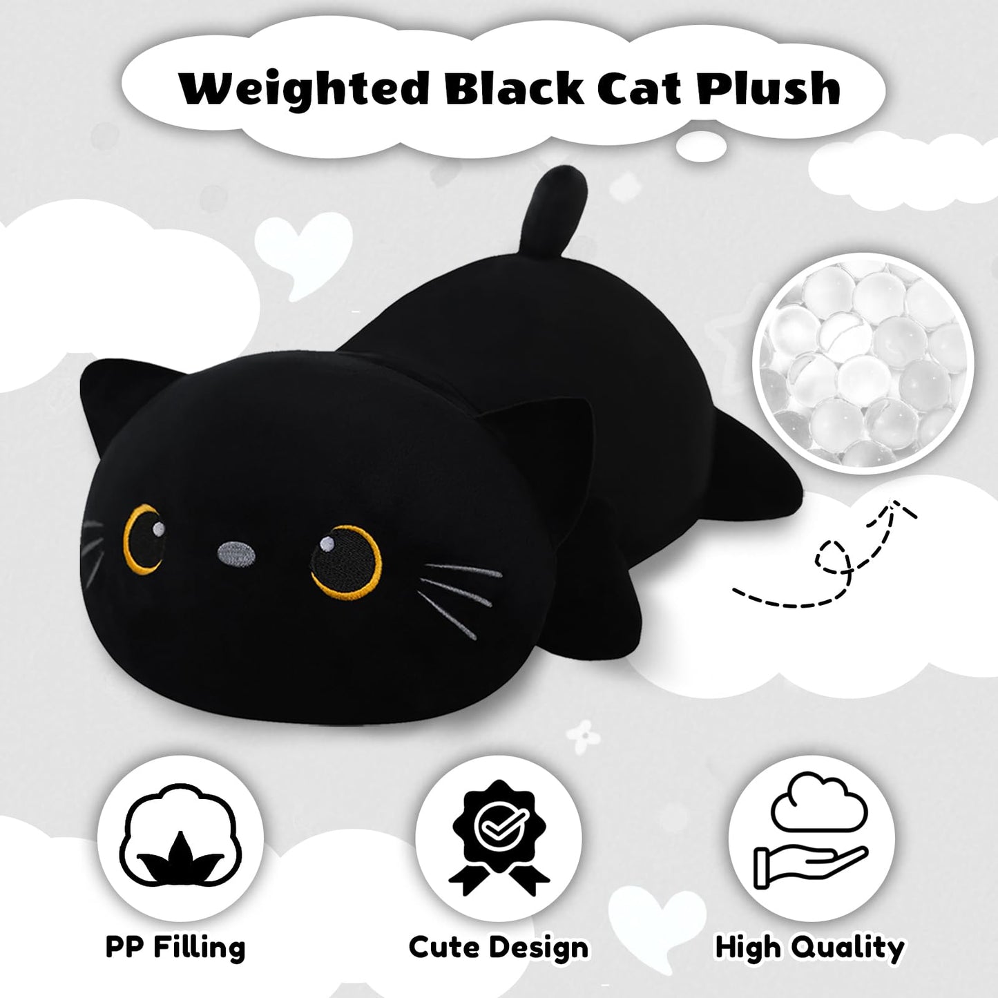 Finebee Weighted Black Cat Plush — Soft, Cuddly 13.8-Inch Weighted Plush Pillow