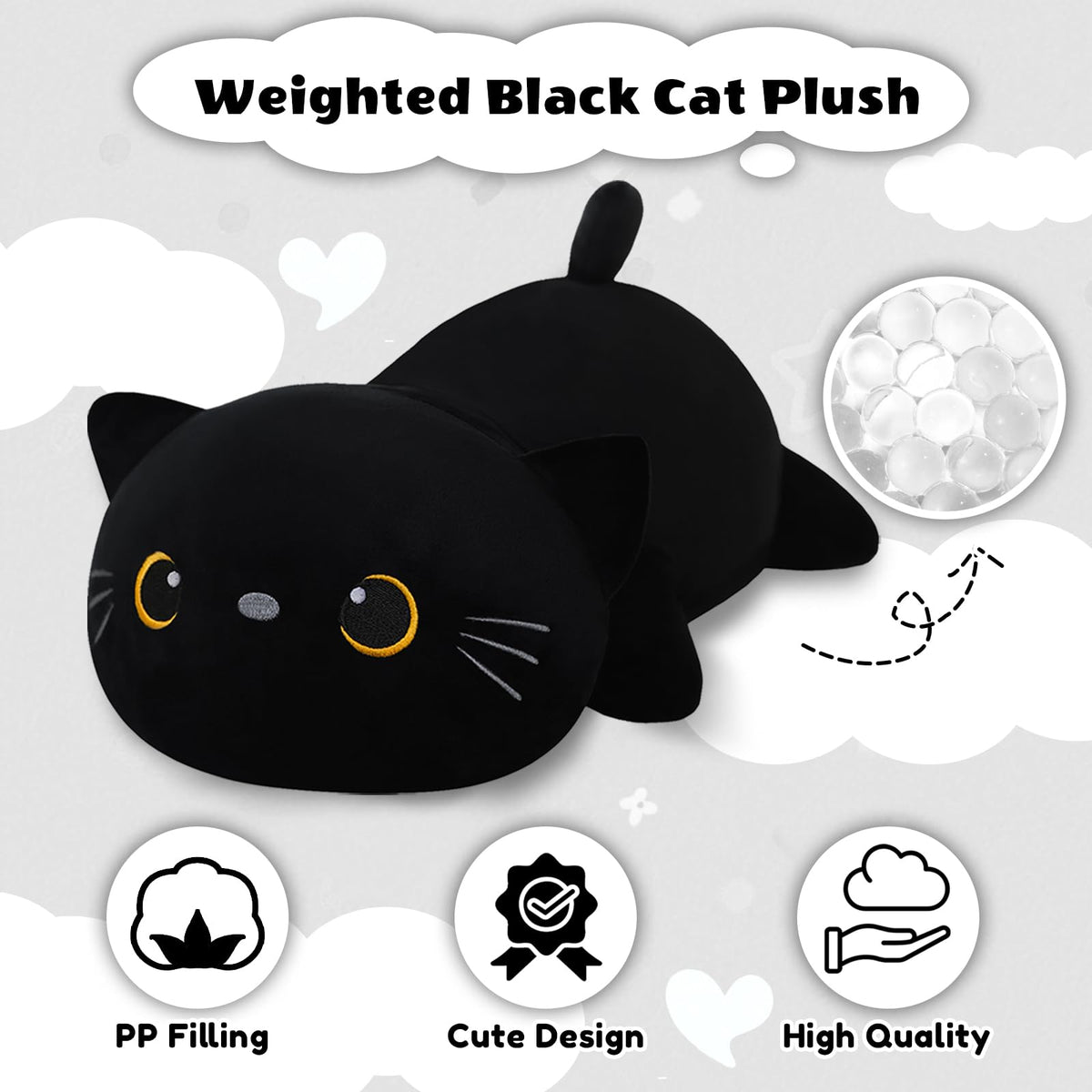 Finebee Weighted Black Cat Plush – 23.6 inch Soft Weighted Cat Toy, 3.1 lb Pillow Gift for Girls & Boys