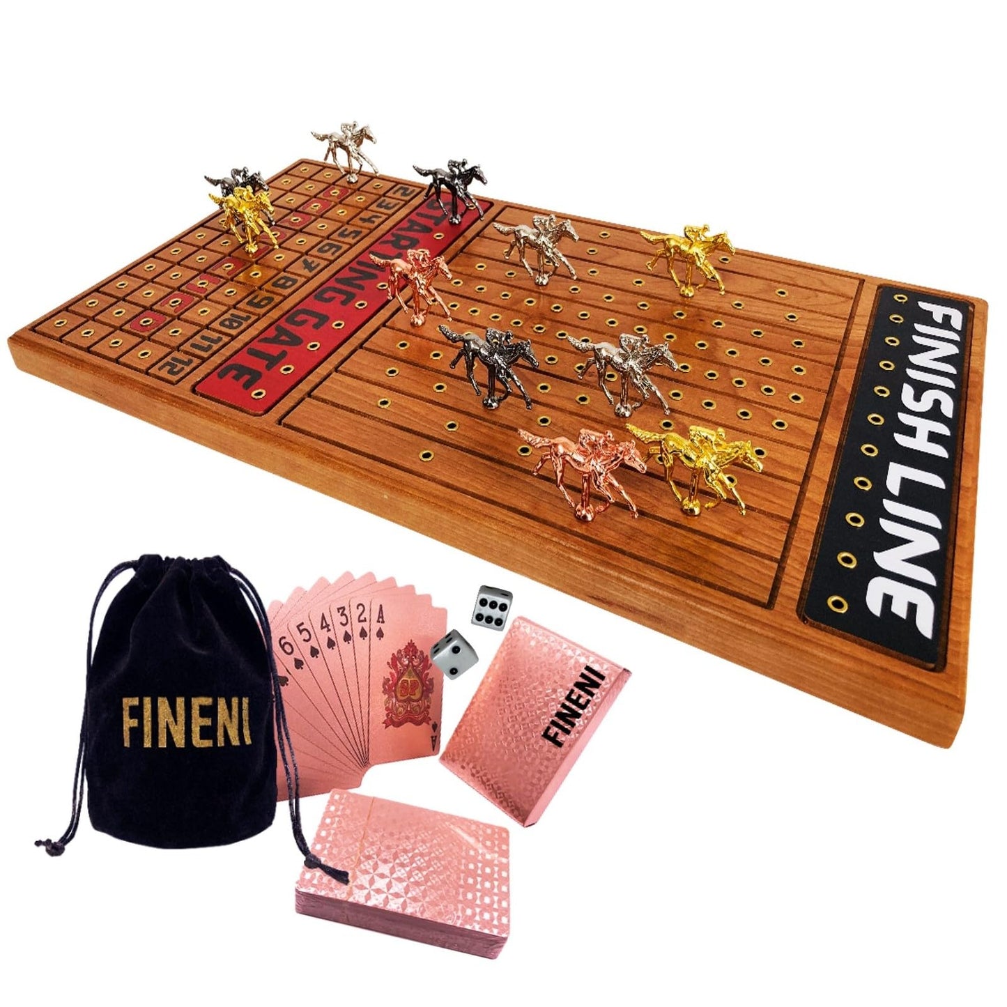 FINENI Horse Racing Game for Adults – 11 Luxe Metal Horses, 22-Inch Cherry Wood Board