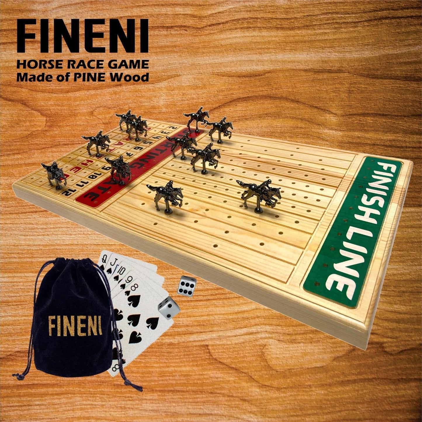 FINENI Horse Racing Board Game - 11 Premium Metal Horses, Pine Wood Board, Dice & Cards