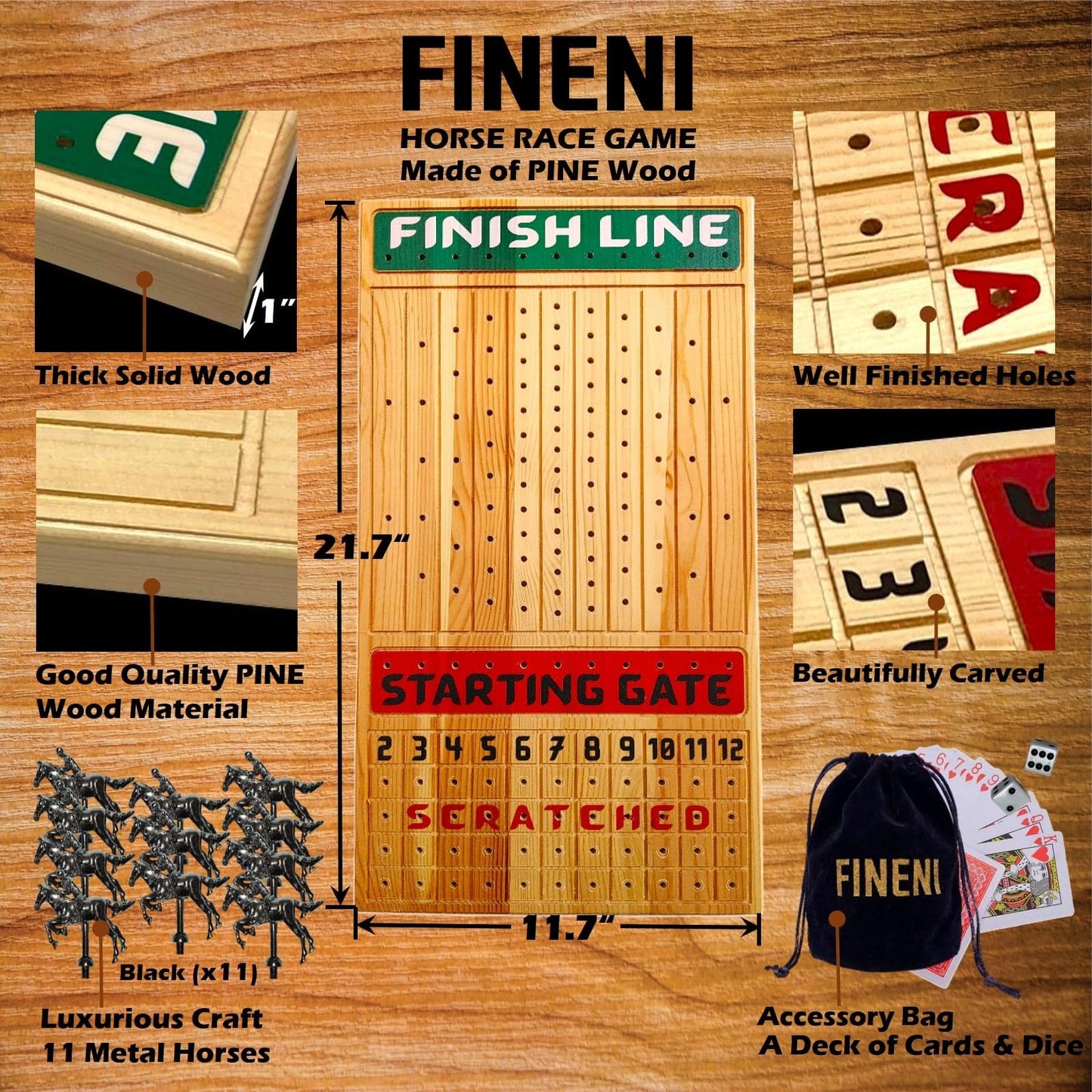 FINENI Horse Racing Board Game - 11 Premium Metal Horses, Pine Wood Board, Dice & Cards