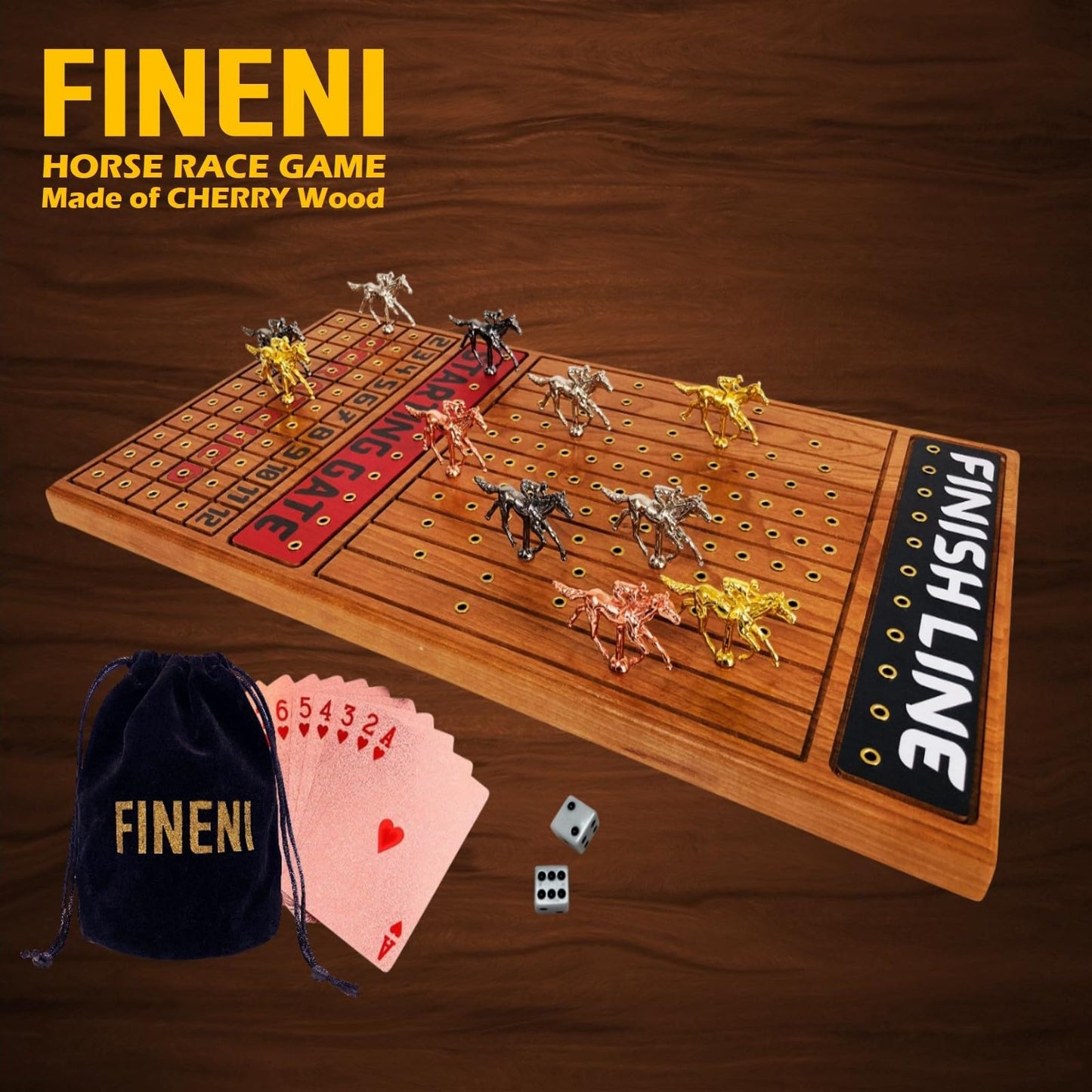 FINENI Horse Racing Game for Adults – 11 Luxe Metal Horses, 22-Inch Cherry Wood Board