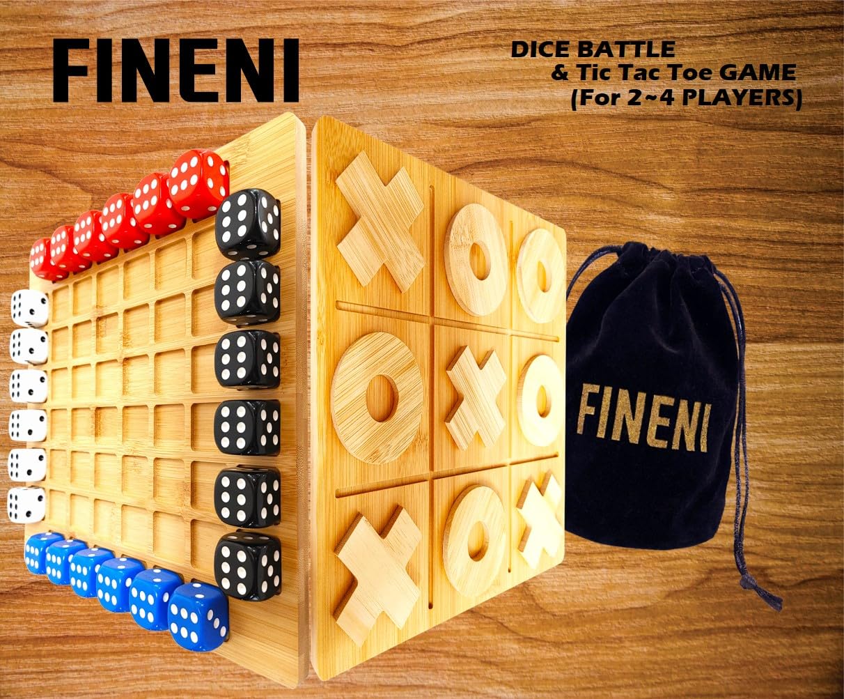 FINENI Dice Battle & TicTacToe Dual-Sided Board Game Set — 2–4 Player Wooden Tabletop Games