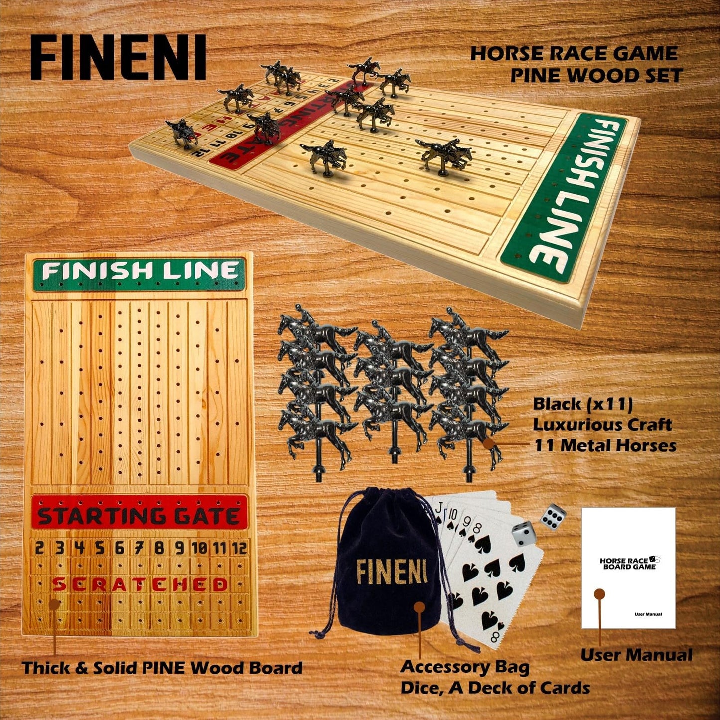 FINENI Horse Racing Board Game - 11 Premium Metal Horses, Pine Wood Board, Dice & Cards