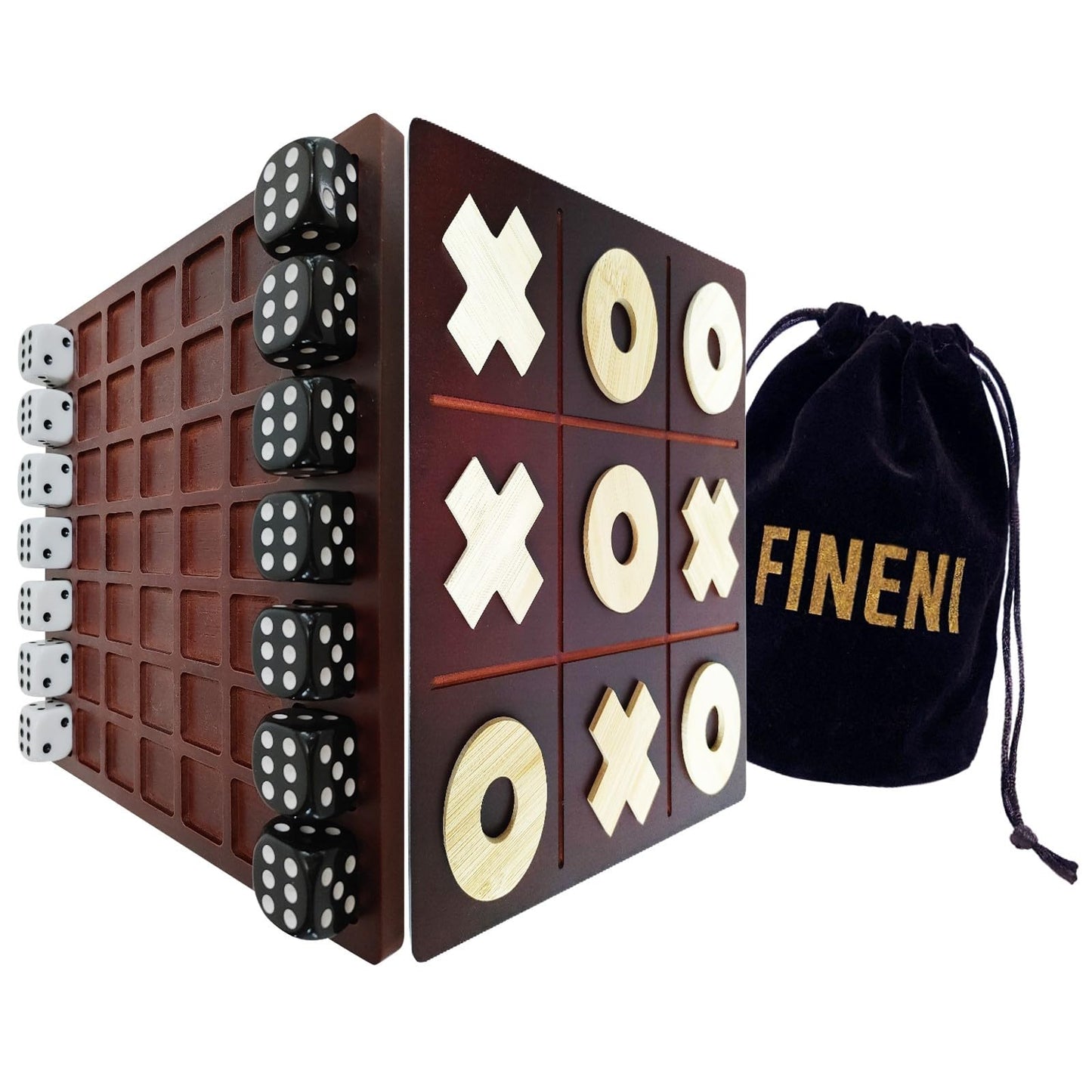 FINENI Dice Battle & TicTacToe Dual Sides Board Games — 2-Player Wooden Tabletop