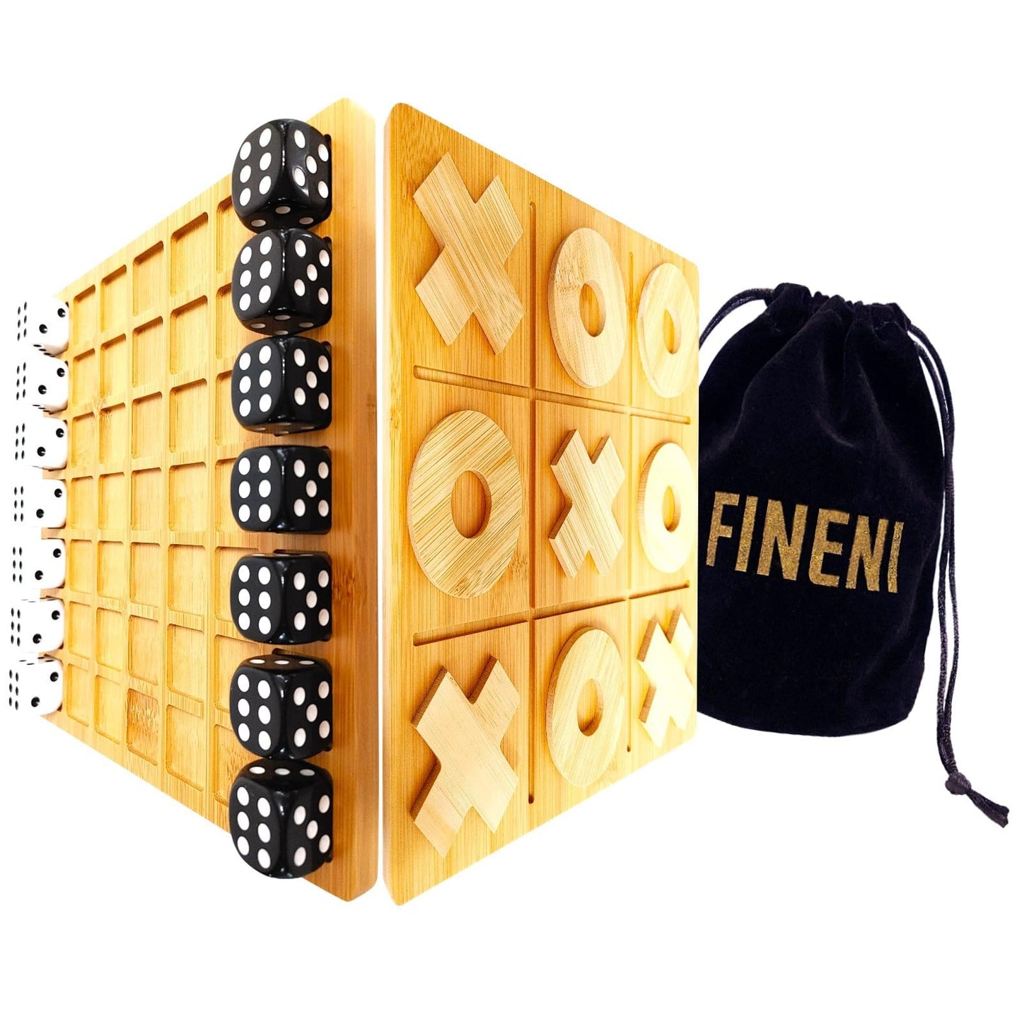 FINENI Dice Battle & TicTacToe Dual Sides – 2-Player Wooden Tabletop Games