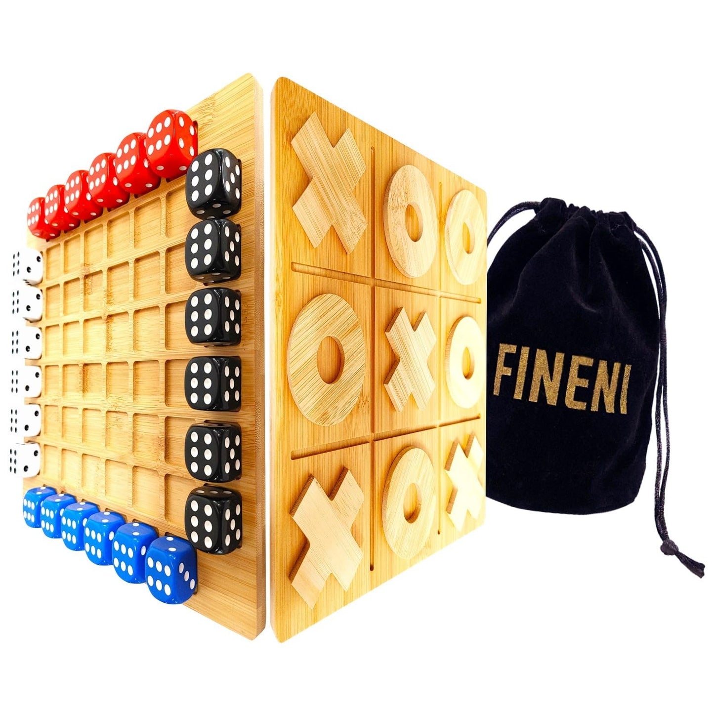 FINENI Dice Battle & TicTacToe Dual-Sided Board Game Set — 2–4 Player Wooden Tabletop Games