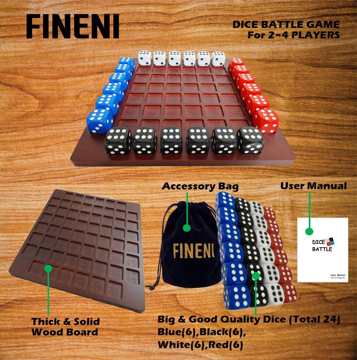 FINENI Dice Battle – 2–4 Player Wooden Tabletop Dice Game