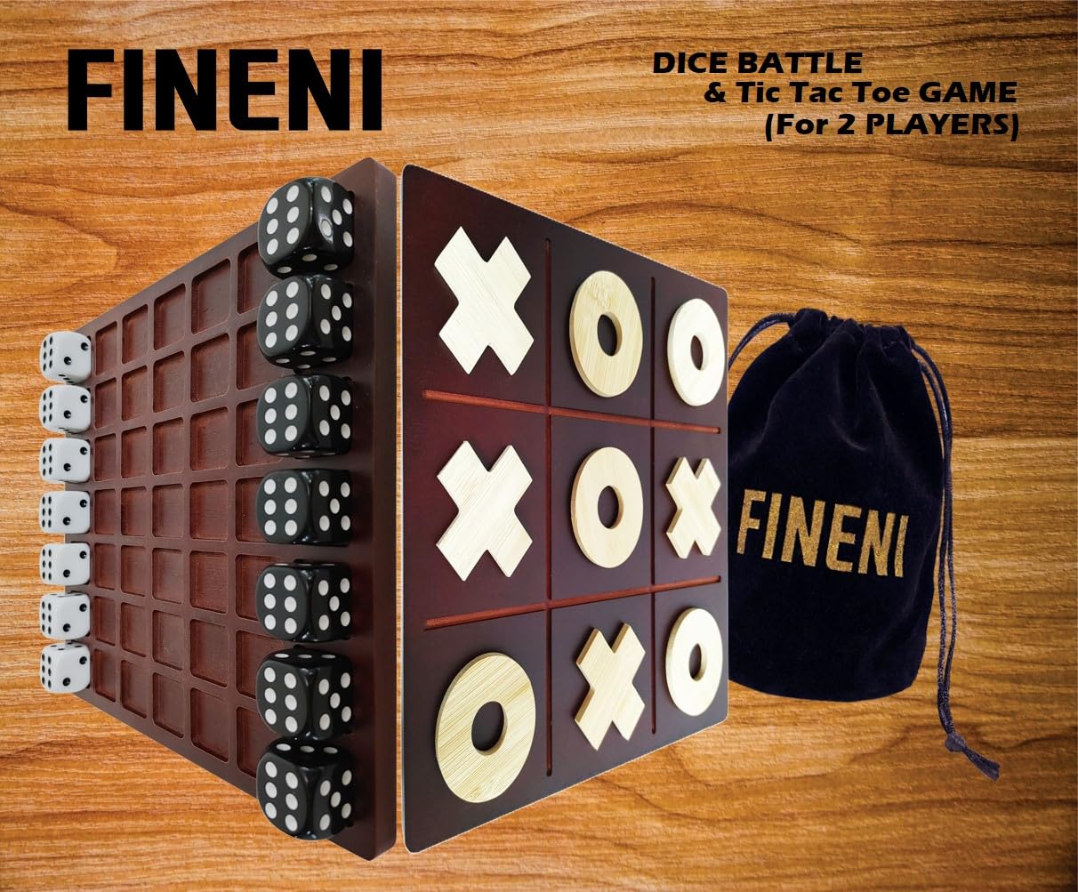 FINENI Dice Battle & TicTacToe Dual Sides Board Games — 2-Player Wooden Tabletop