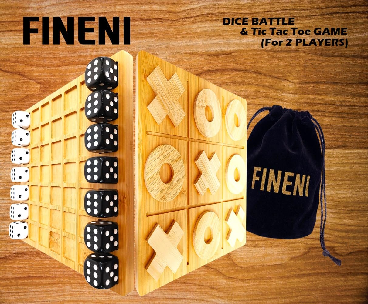 FINENI Dice Battle & TicTacToe Dual Sides – 2-Player Wooden Tabletop Games