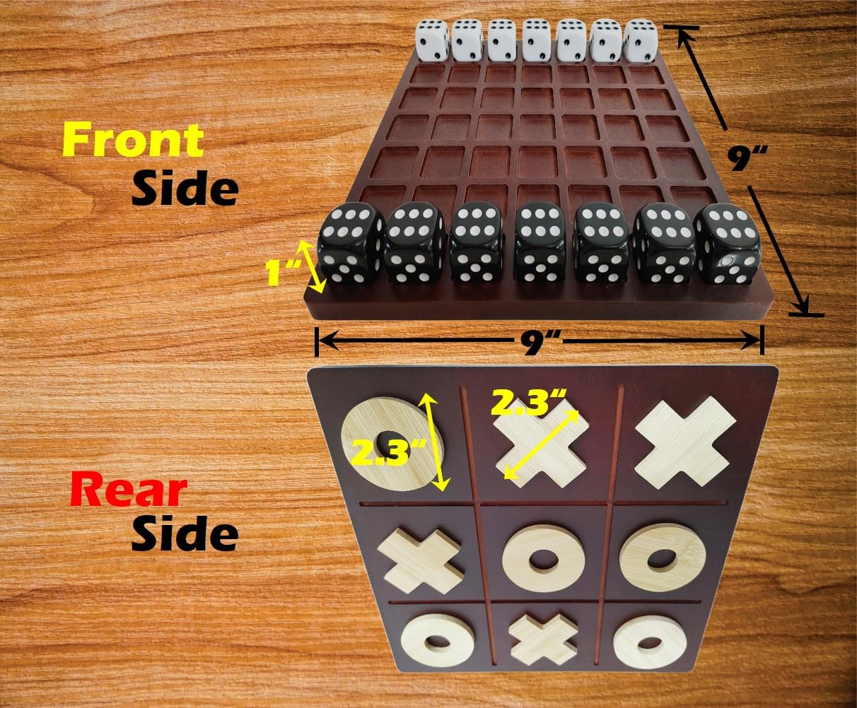 FINENI Dice Battle & TicTacToe Dual Sides Board Games — 2-Player Wooden Tabletop
