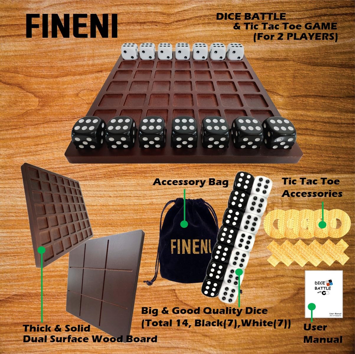 FINENI Dice Battle & TicTacToe Dual Sides Board Games — 2-Player Wooden Tabletop