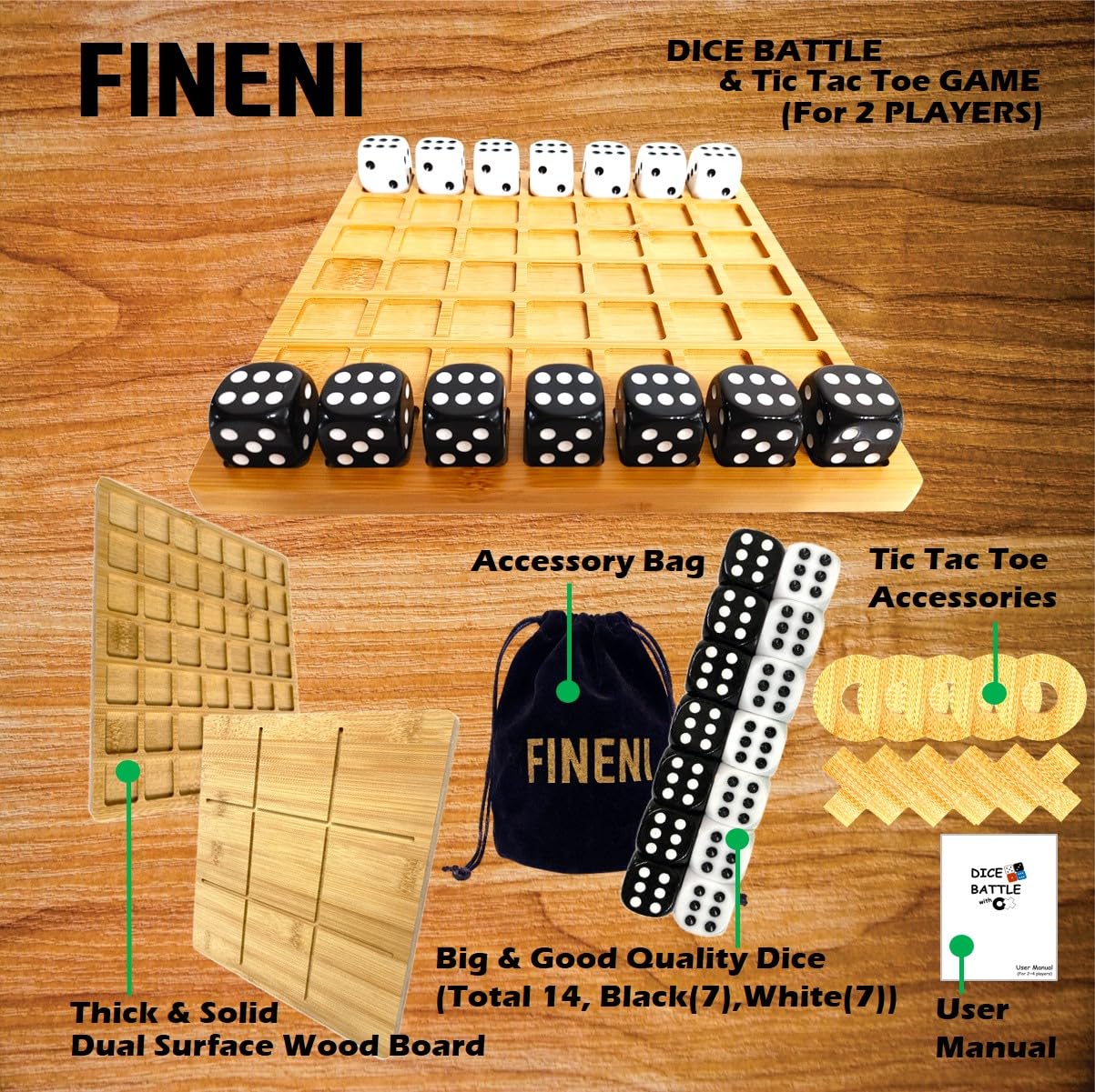 FINENI Dice Battle & TicTacToe Dual Sides – 2-Player Wooden Tabletop Games