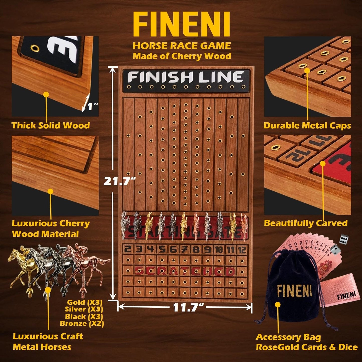 FINENI Horse Racing Game for Adults – 11 Luxe Metal Horses, 22-Inch Cherry Wood Board