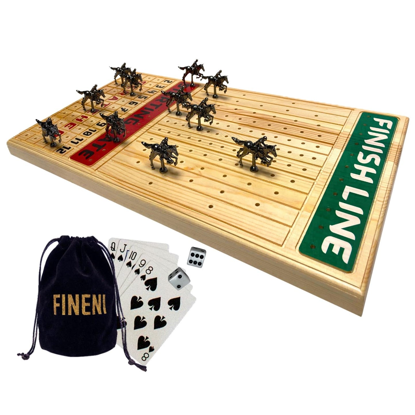 FINENI Horse Racing Board Game - 11 Premium Metal Horses, Pine Wood Board, Dice & Cards