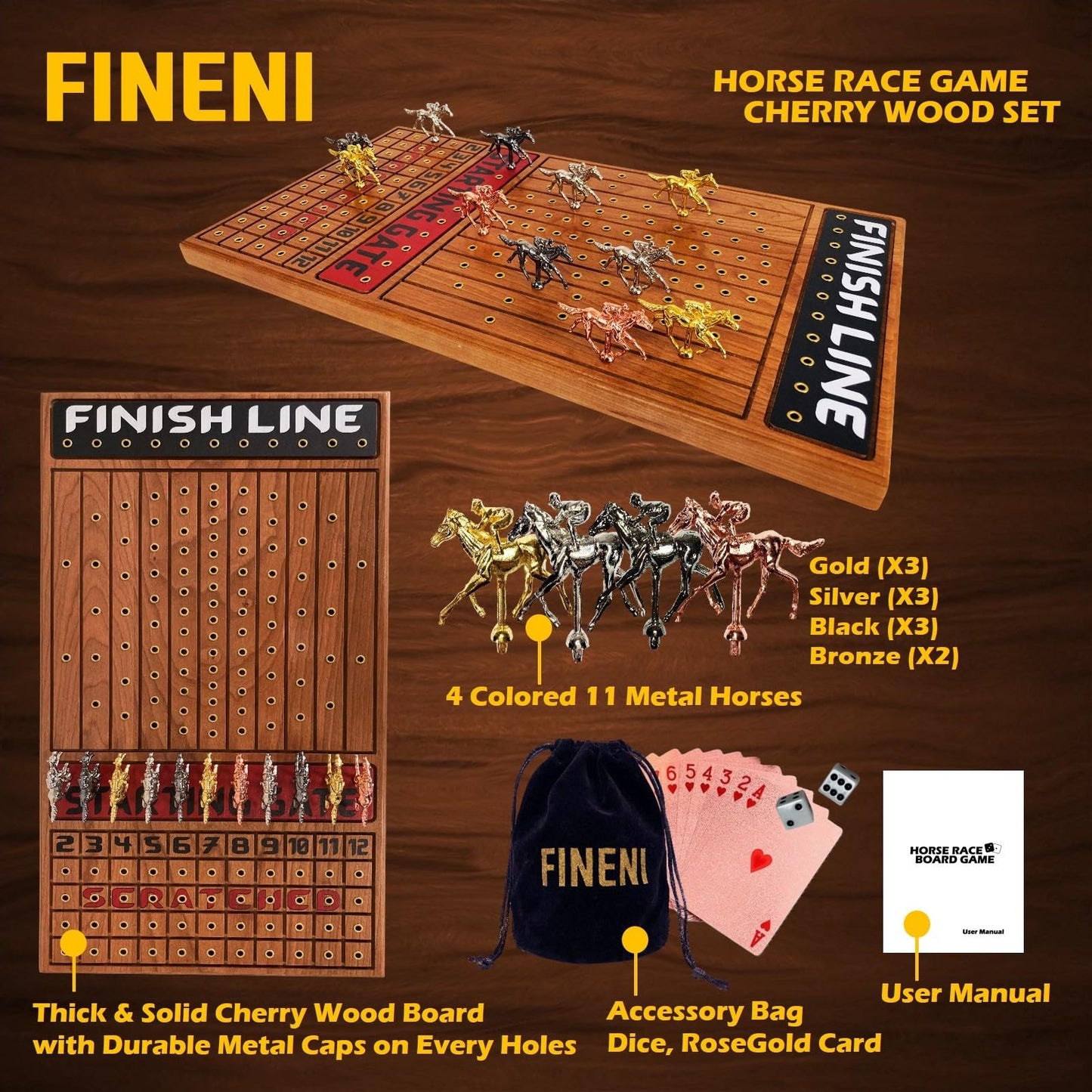 FINENI Horse Racing Game for Adults – 11 Luxe Metal Horses, 22-Inch Cherry Wood Board
